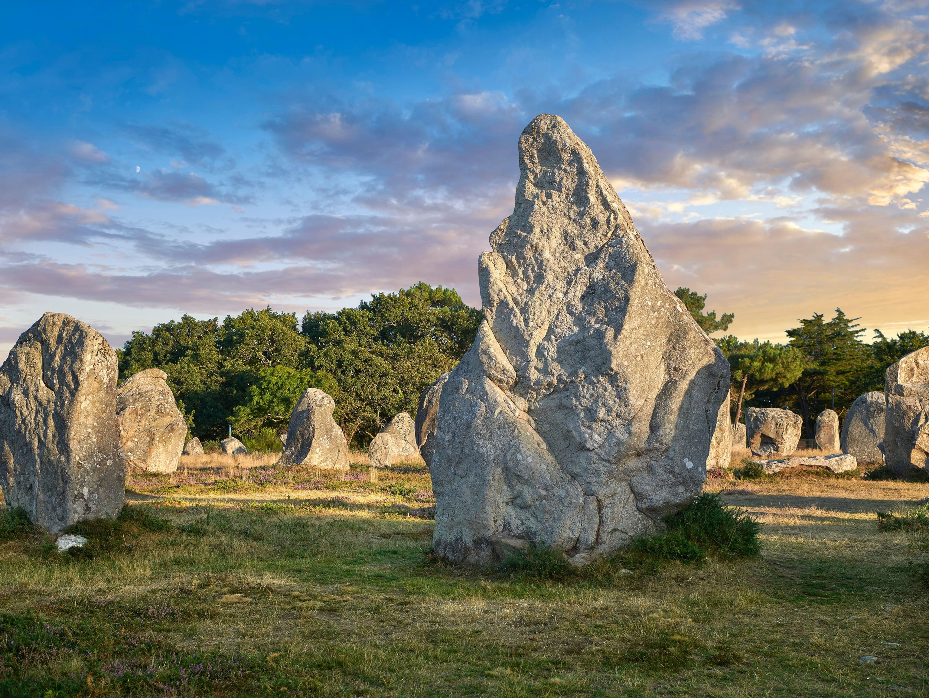 A large, greyish/white stone stands in a field with other standing stones.