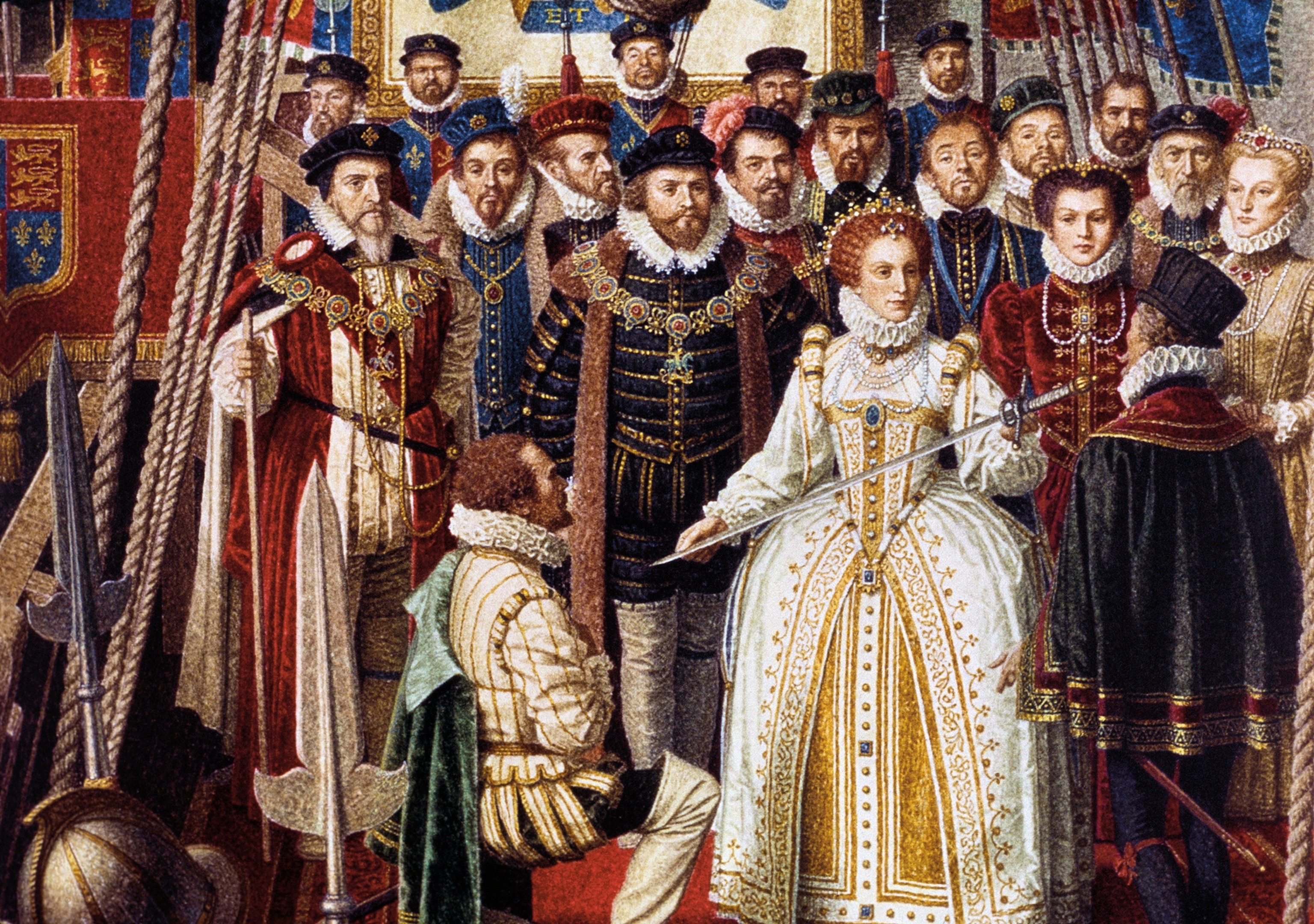 a picture of a painting showing the knighting of Francis Drake