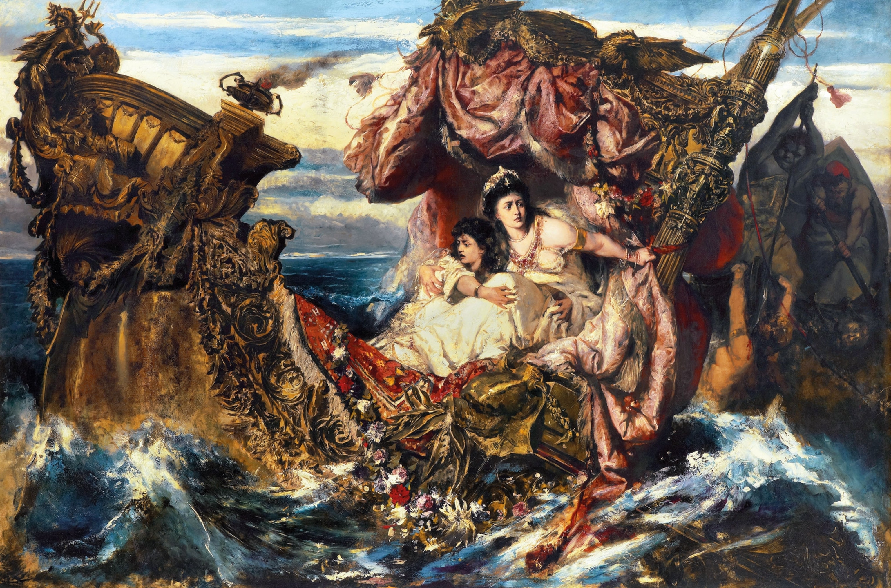 A painting of two women on a sinking ship