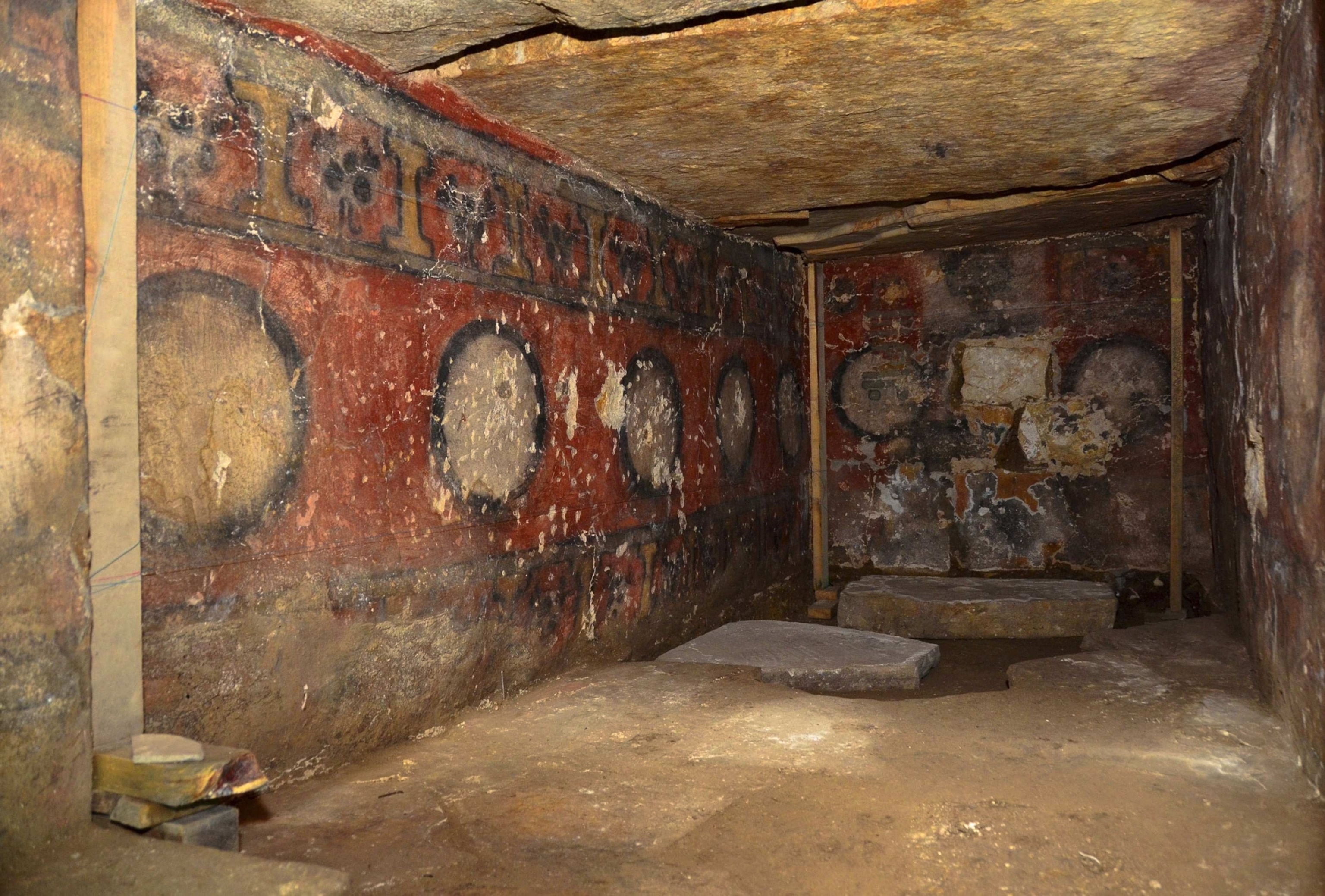 Tomb picture - murals in painted burial chamber in Mexico Zapotec pyramid