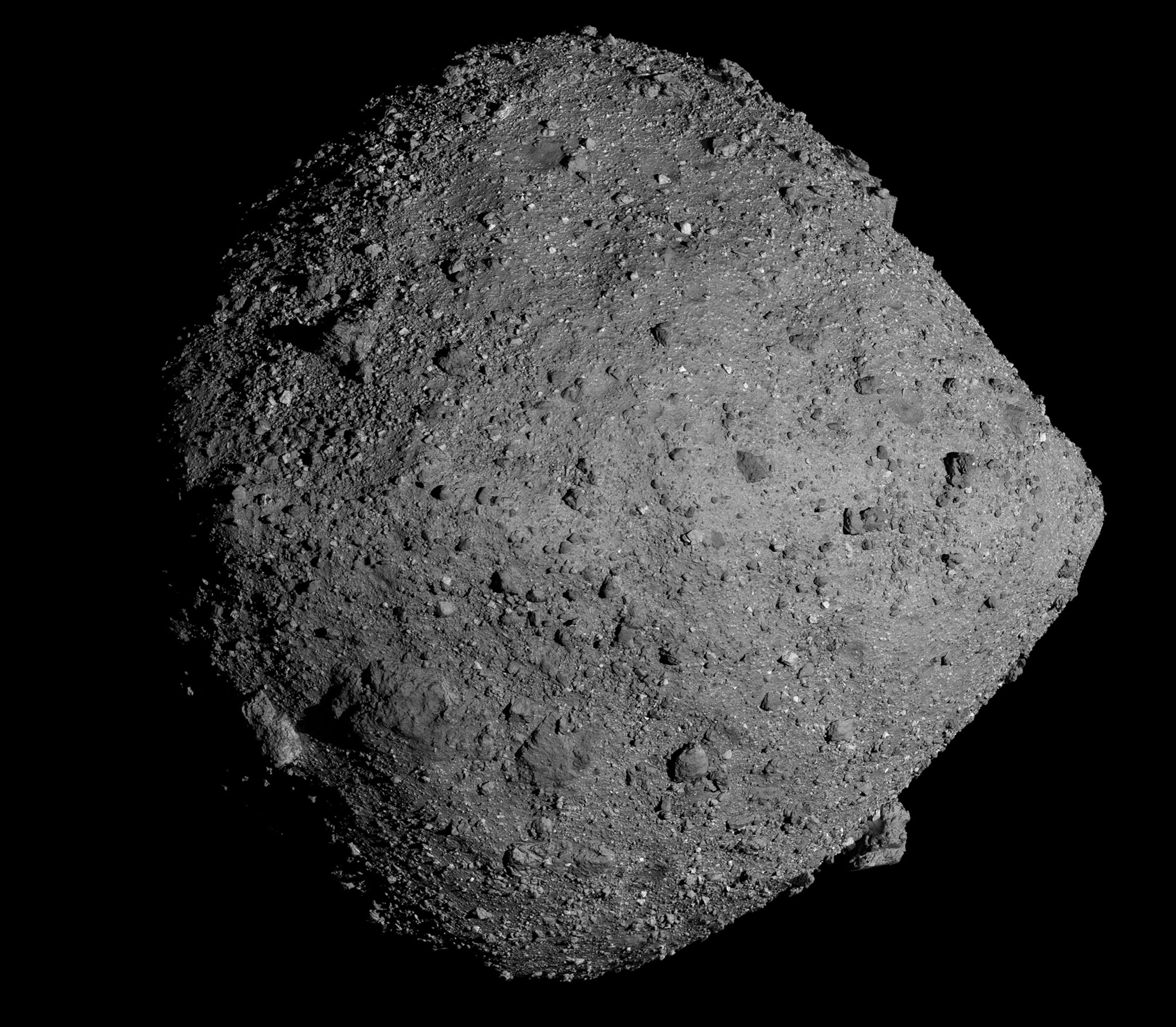 Polar regions that were not imaged in Flyby 1 are visualized using the Bennu global basemap, created from PolyCam images acquired during Baseball Diamond Flybys 3 and 4.