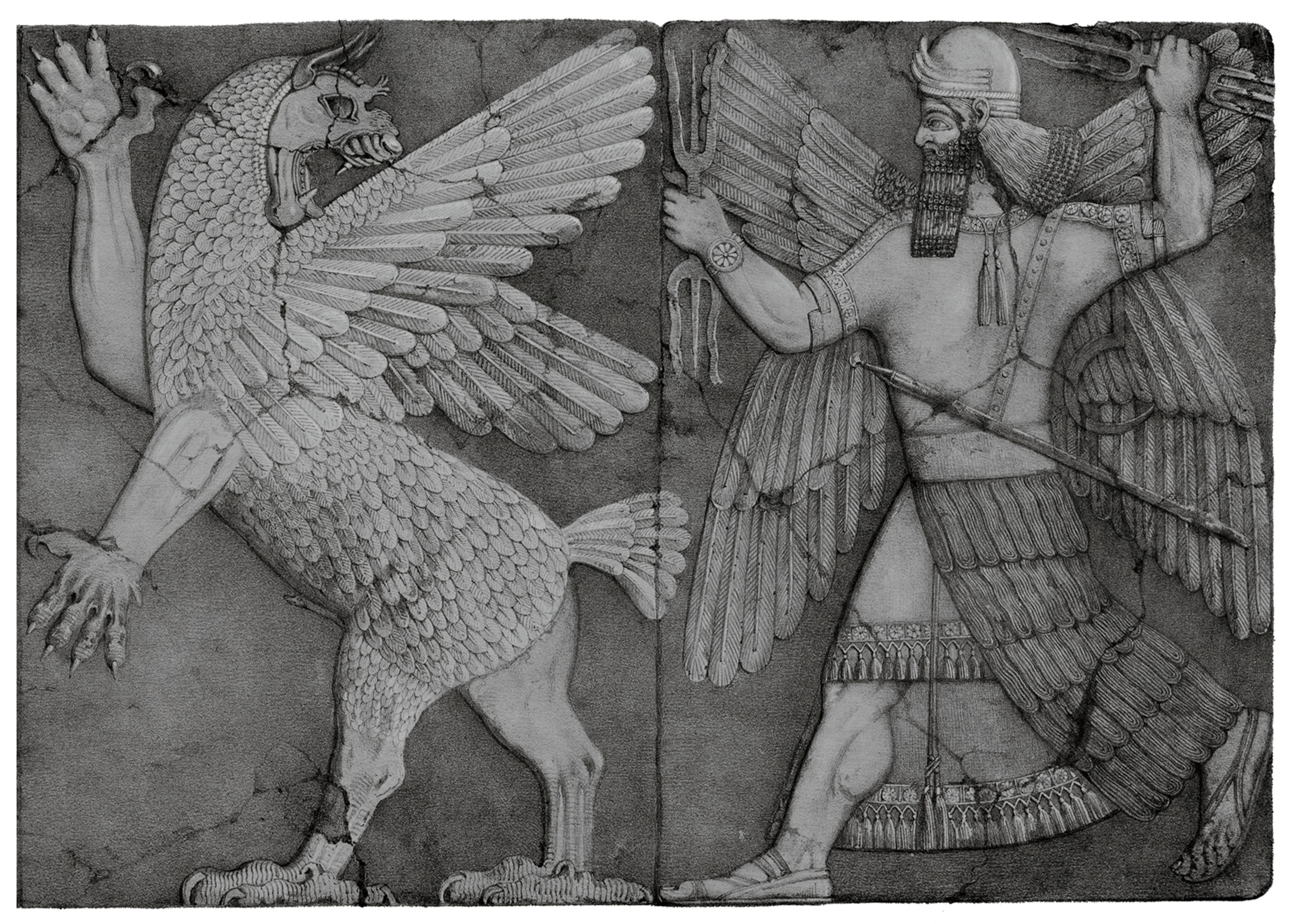 An engraving depicting a creature with wings and bird-like talons in addition to human-like arms