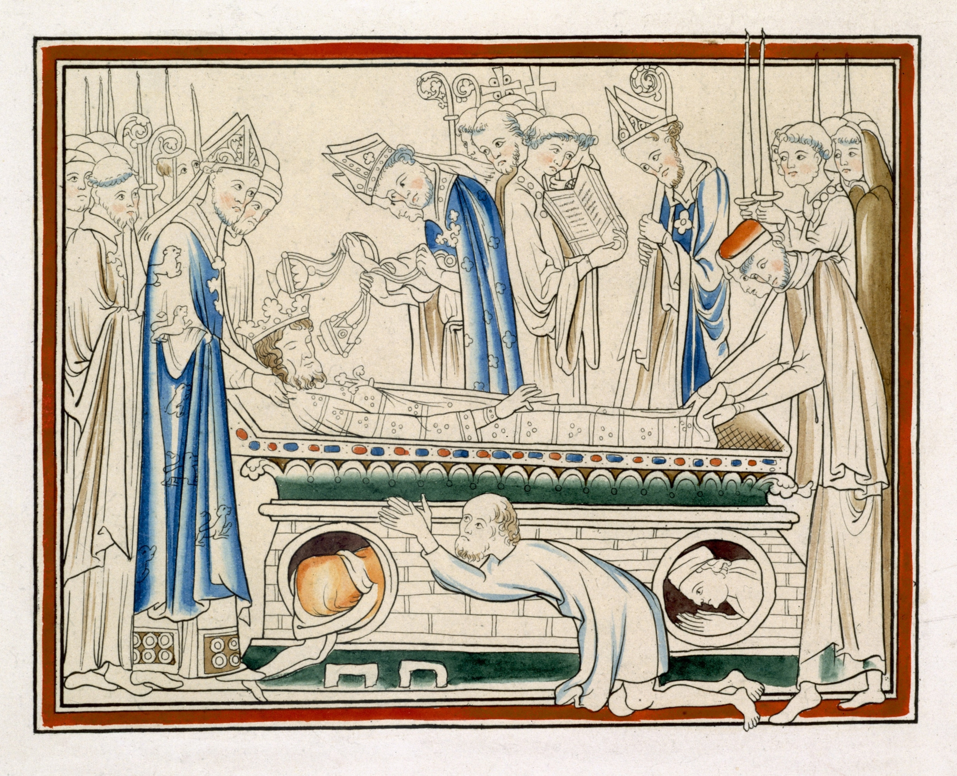 An illustration of edward laying down surounded by his men some kneeling all looking at him sadly.
