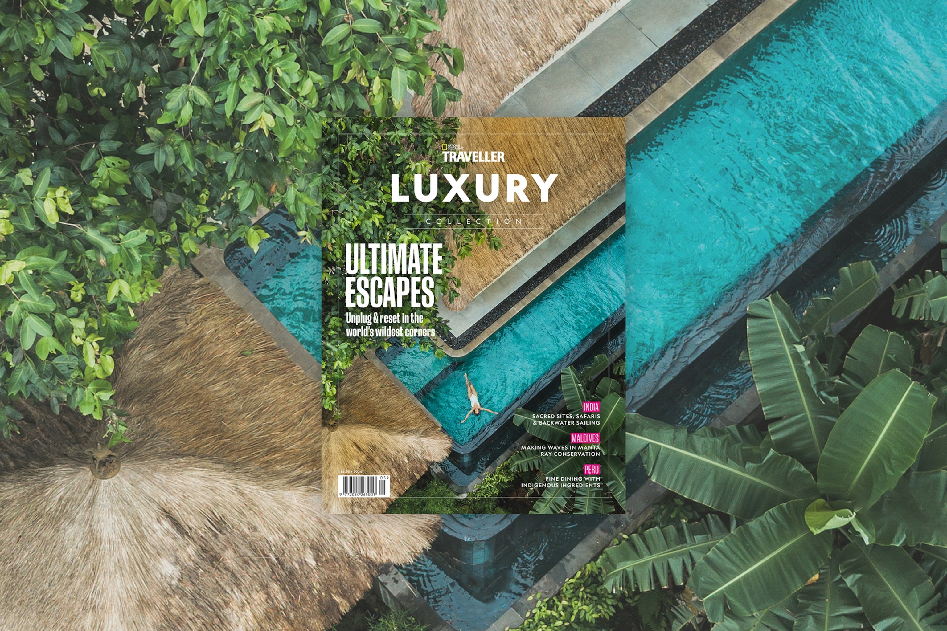 Magazine cover with a woman swimming in a pool