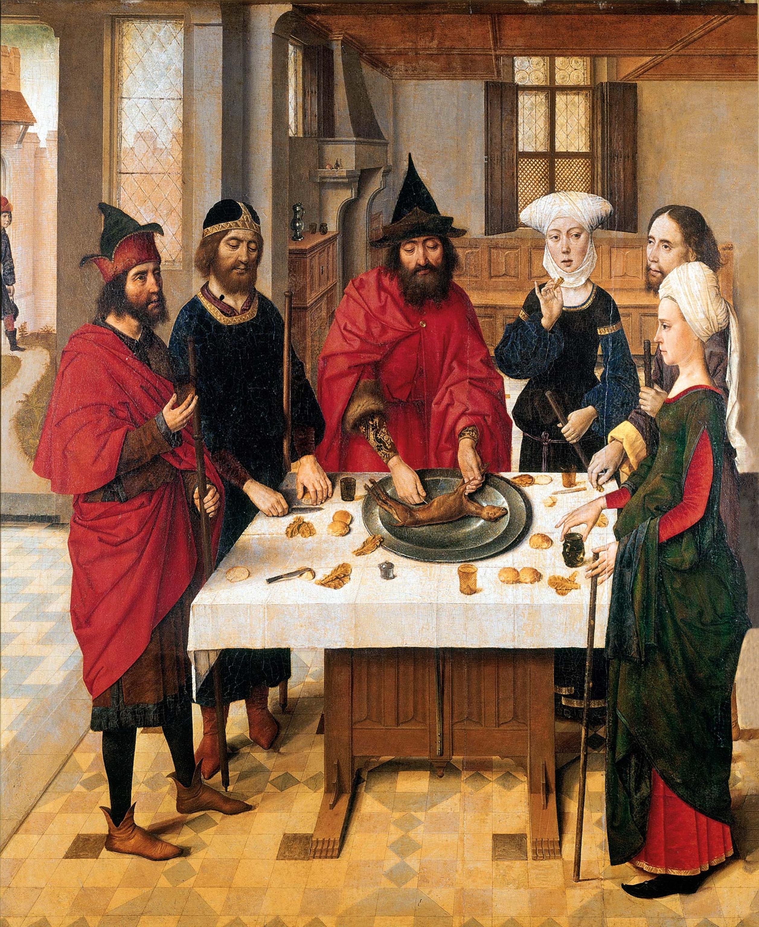 A lamb, unleavened bread, and wine comprise a 15th-century Passover meal in a panel of the “Last Supper Triptych,” circa 1464-1467, by Flemish painter Dieric Bouts in Saint Peter’s Church in Leuven, Belgium.