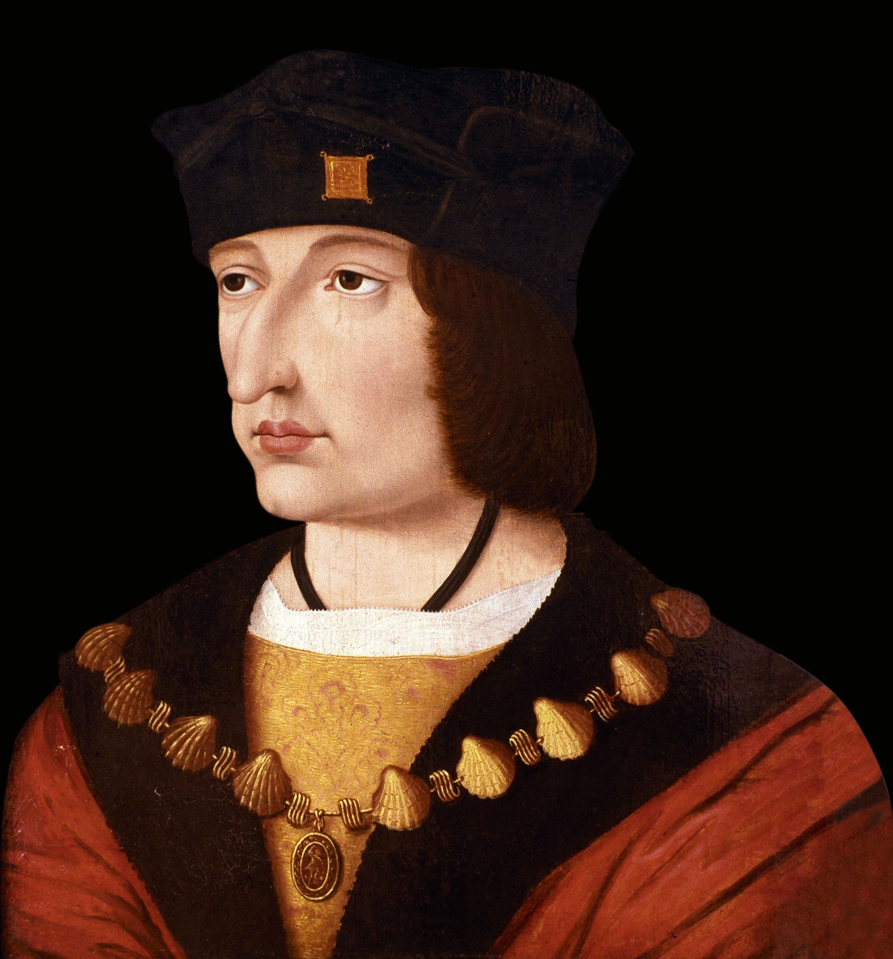 A portrait of Charles VIII of France, wearing red, black, and yellow clothing, with a gold necklace across his shoulders, and a black hat