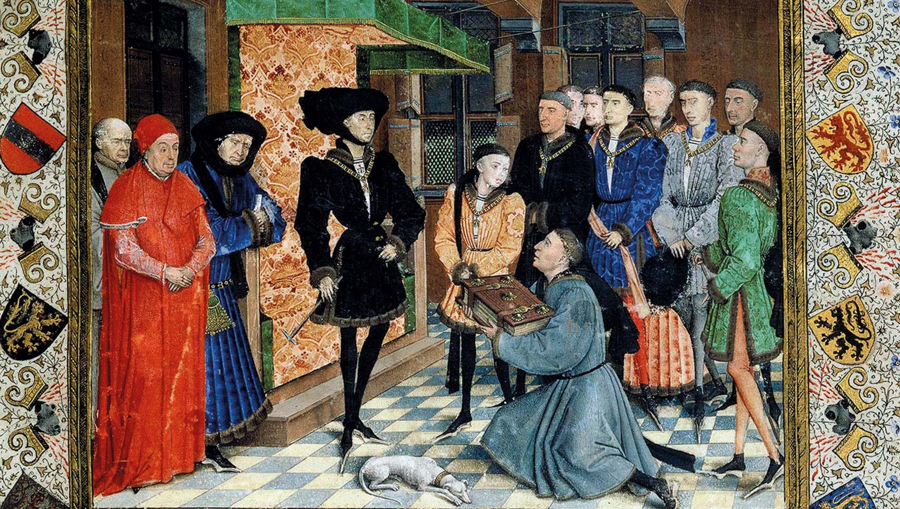 Philip the Good and his court are depicted in a miniature from the mid-15th-century manuscript Chronicles of Hainaut, illustrated by Rogier van der Weyden.