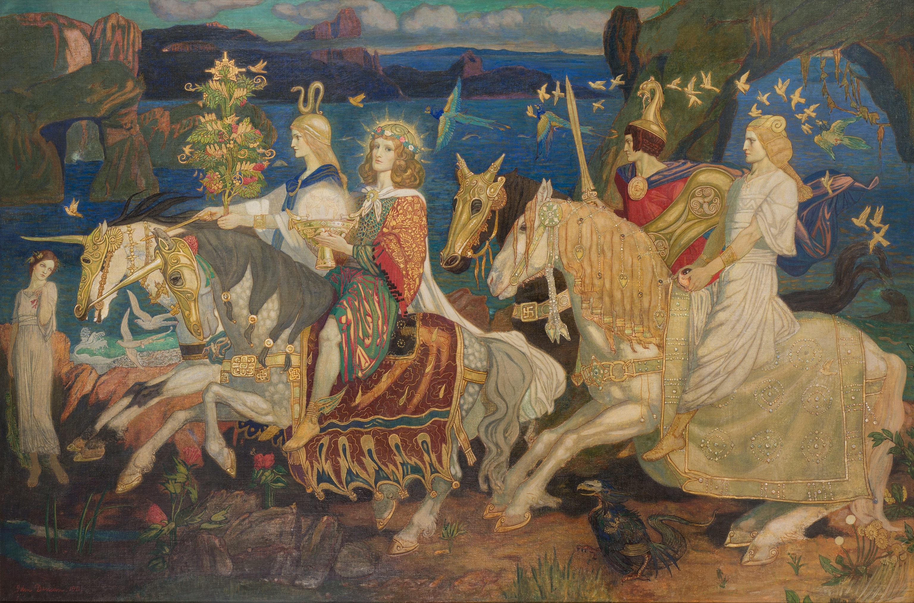 An early twentieth-century depiction of young white men and women in fancy dress on horses.