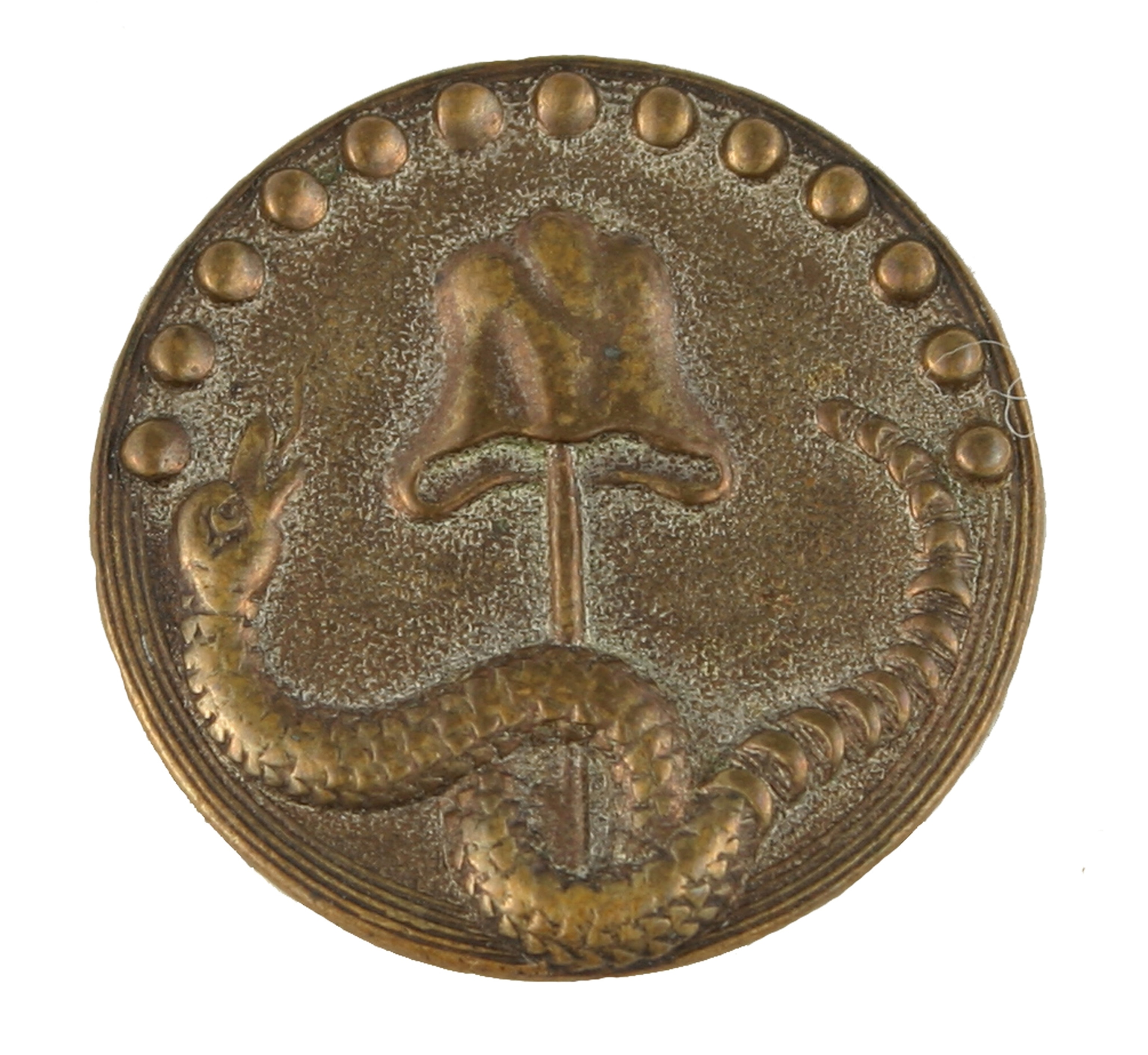 Patriotic Button With Liberty Cap, rattlesnake, and 13 eggs.