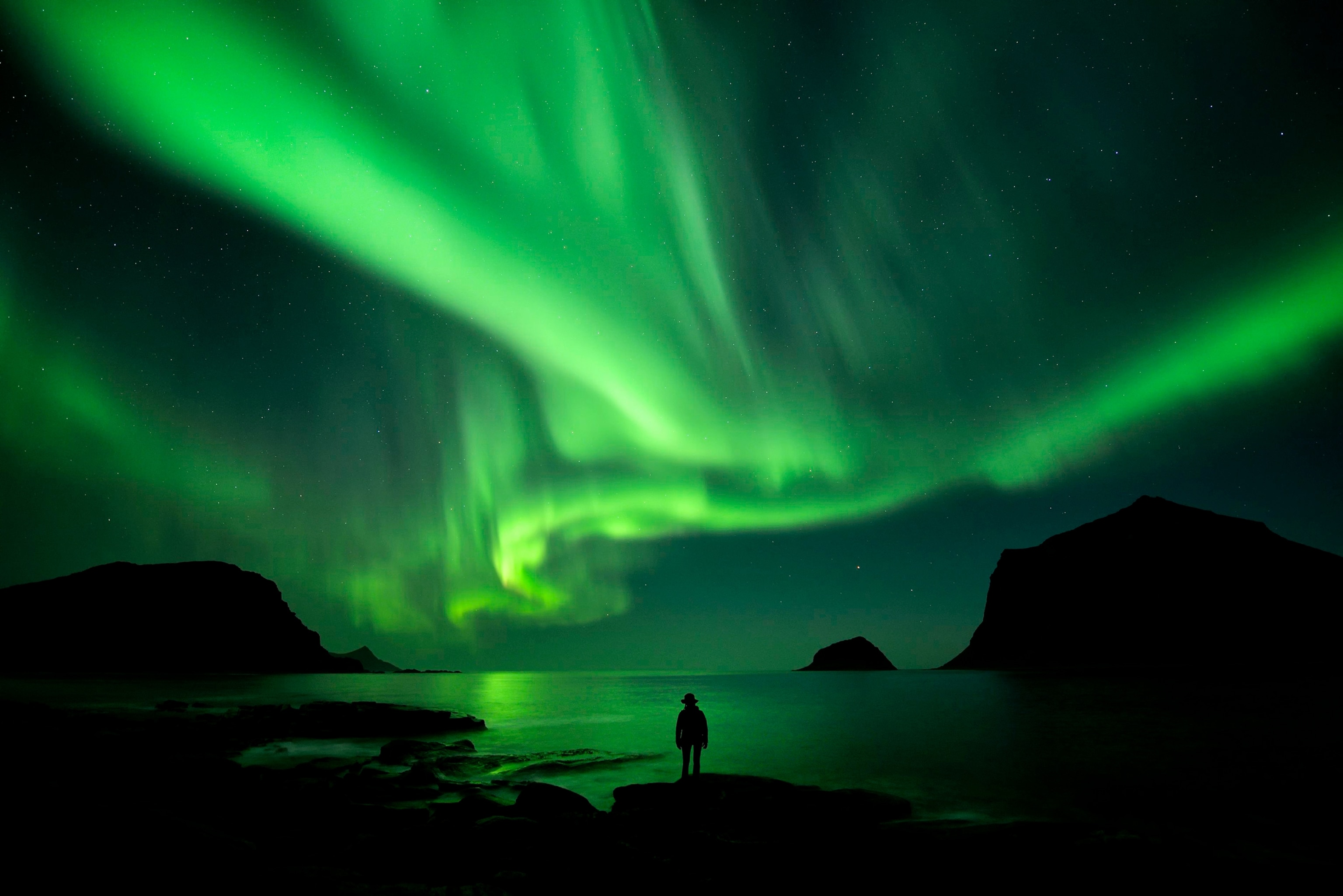 a woman standing near the Northern Lights