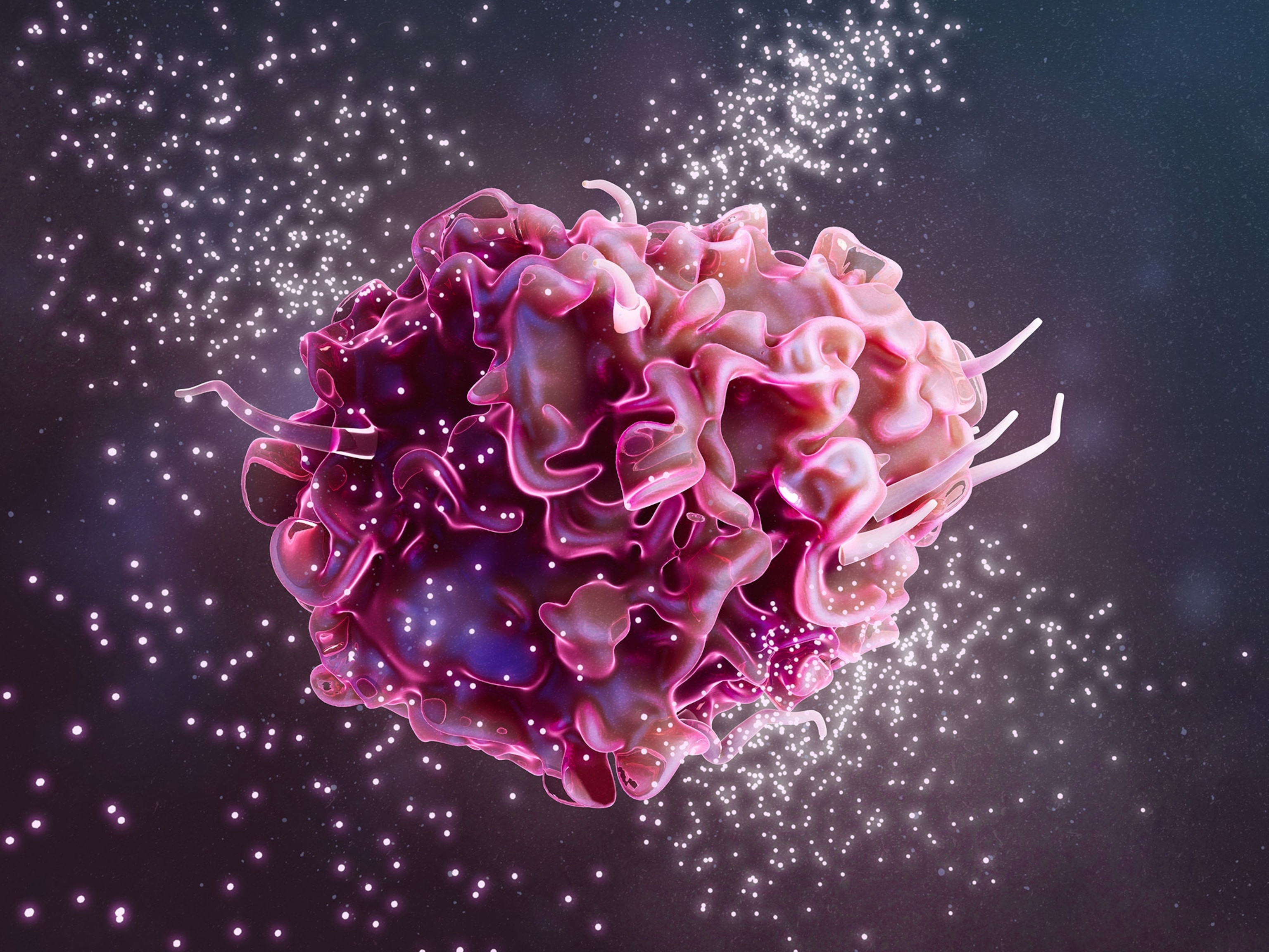 Illustration of a multi-colored pink macrophage releasing cytokines, small white dots, on a dark navy blue and purple background