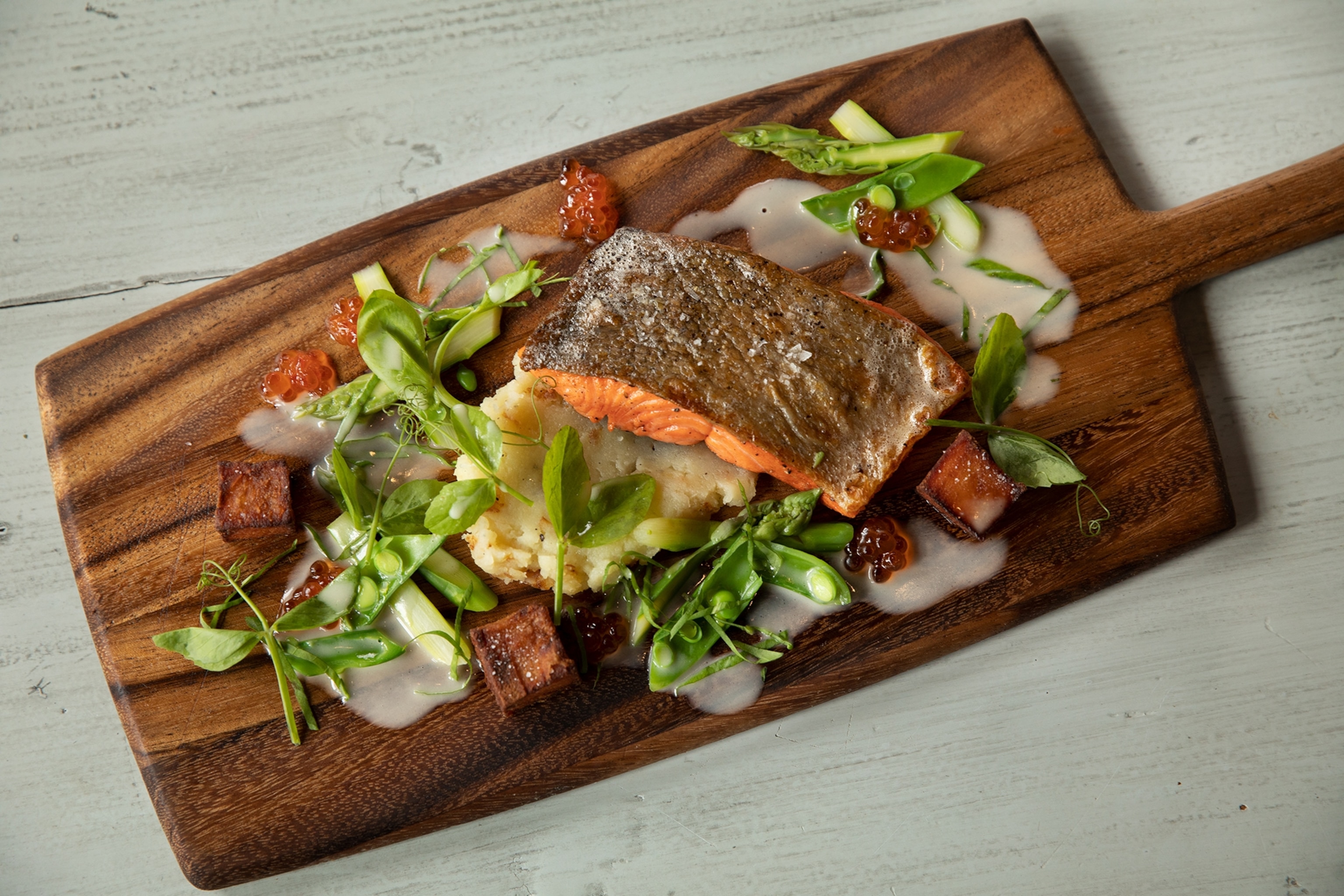 skin-on salmon dish from Lark Restaurant in Seattle, Washington