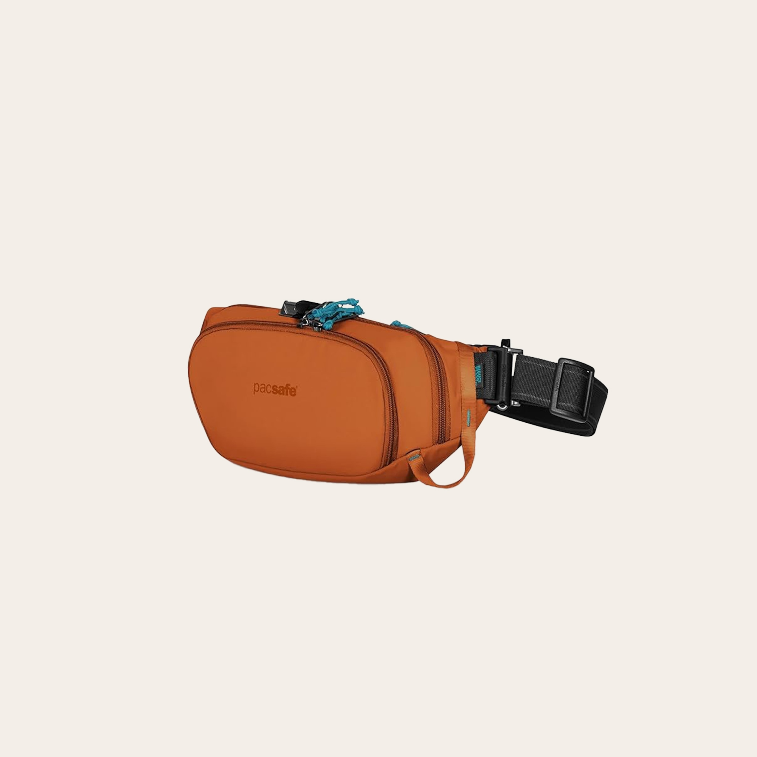 A smooth textured bag with a smooth nylon burnt orange color with a black fabric strap.