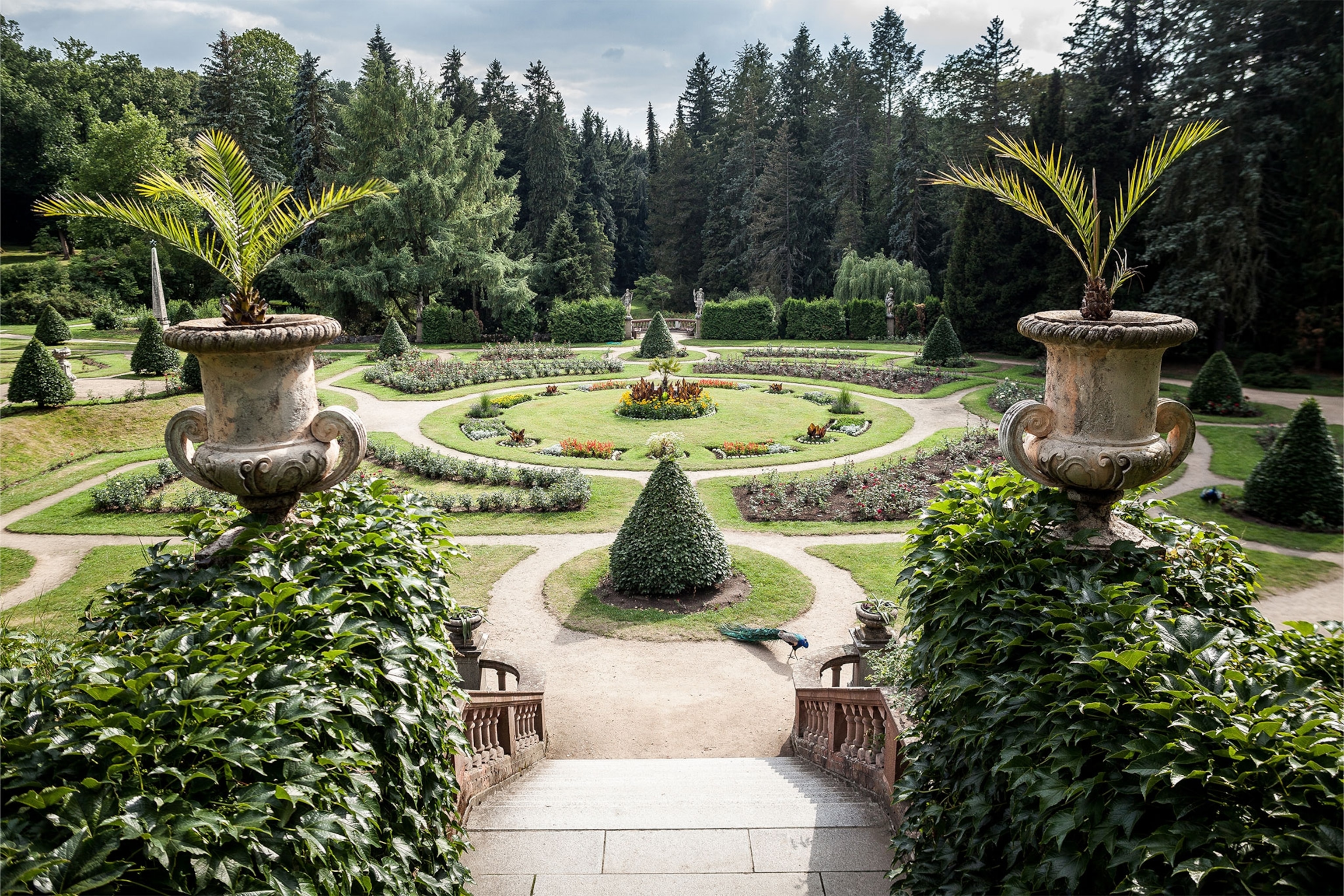 Landscaped gardens with paths around flower beds