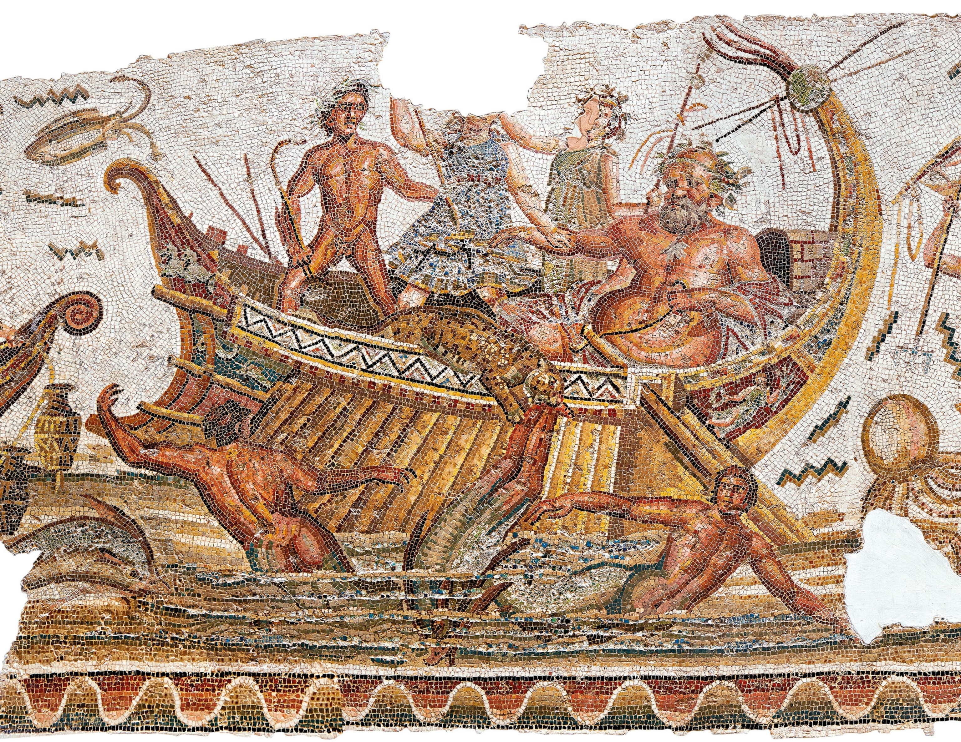 a mosaic of people on a ship and half mermaids in the water