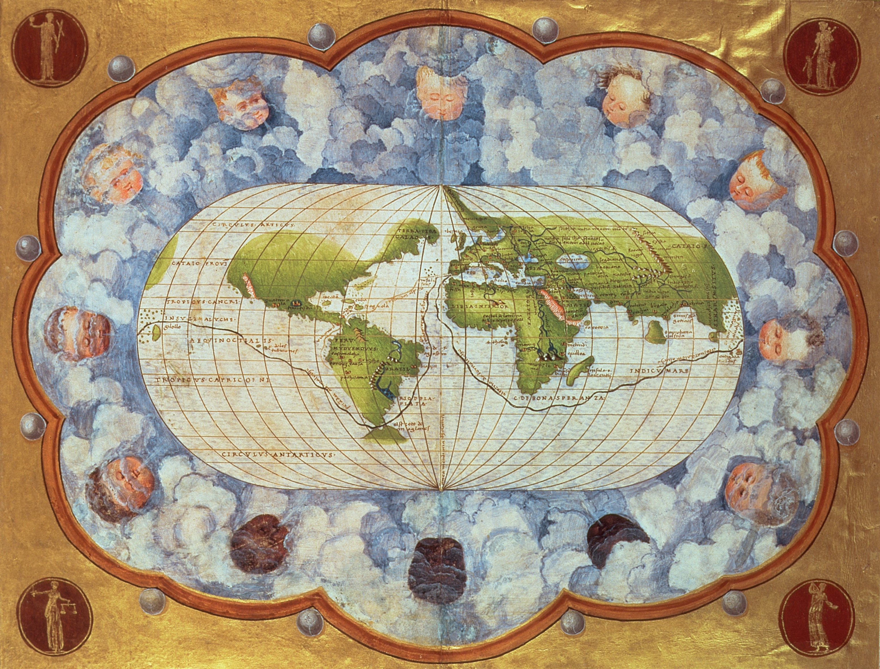 the world map surrounded by cupids and clouds