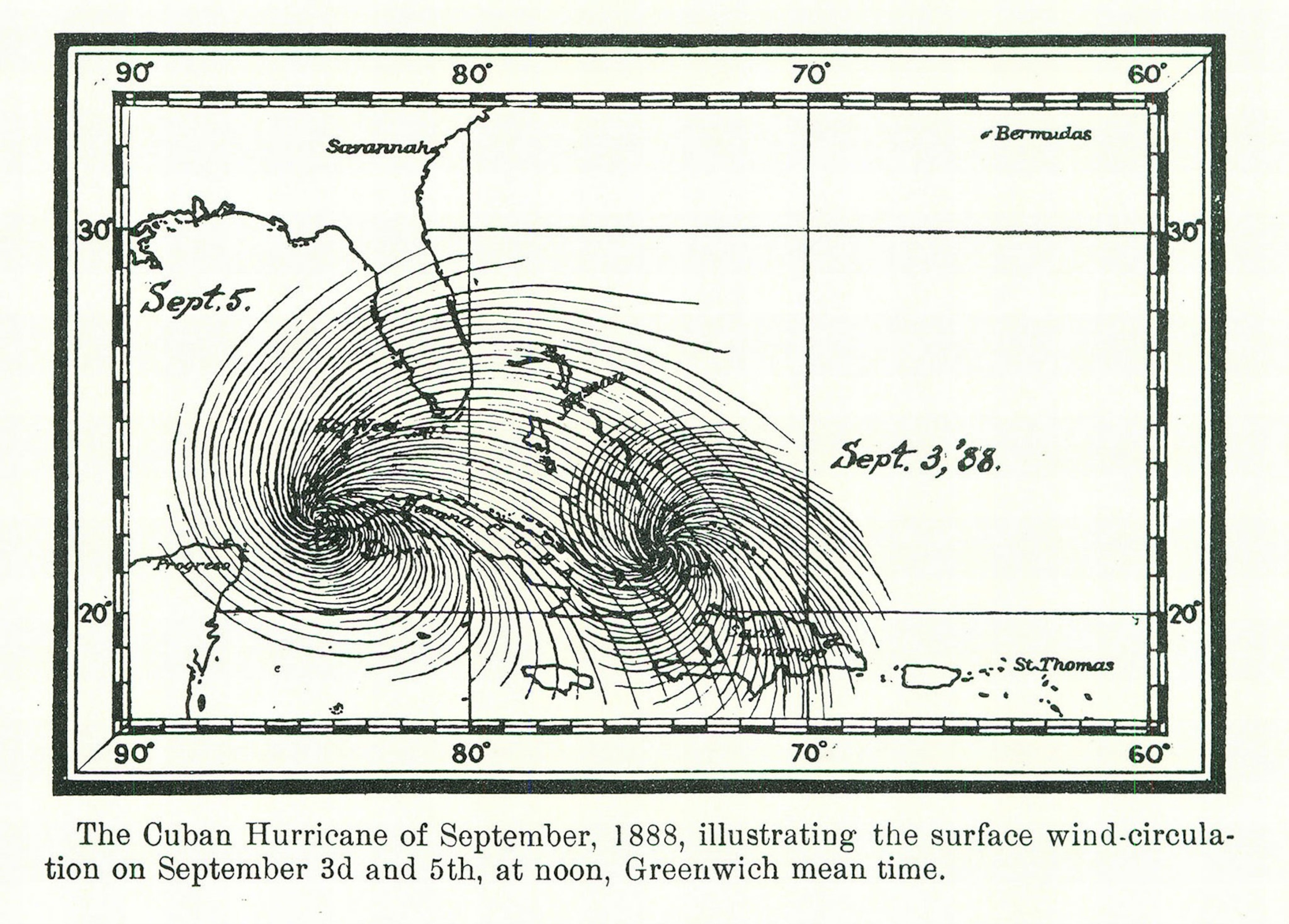 a map of a hurricane in Cuba in 1888