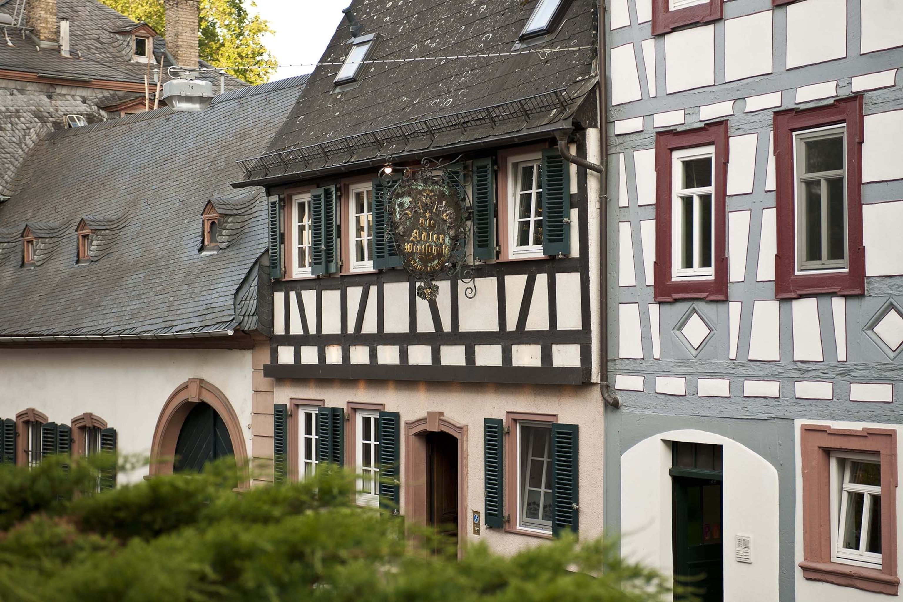 A traditional building in Germany with contrasting wooden beans on the exterior