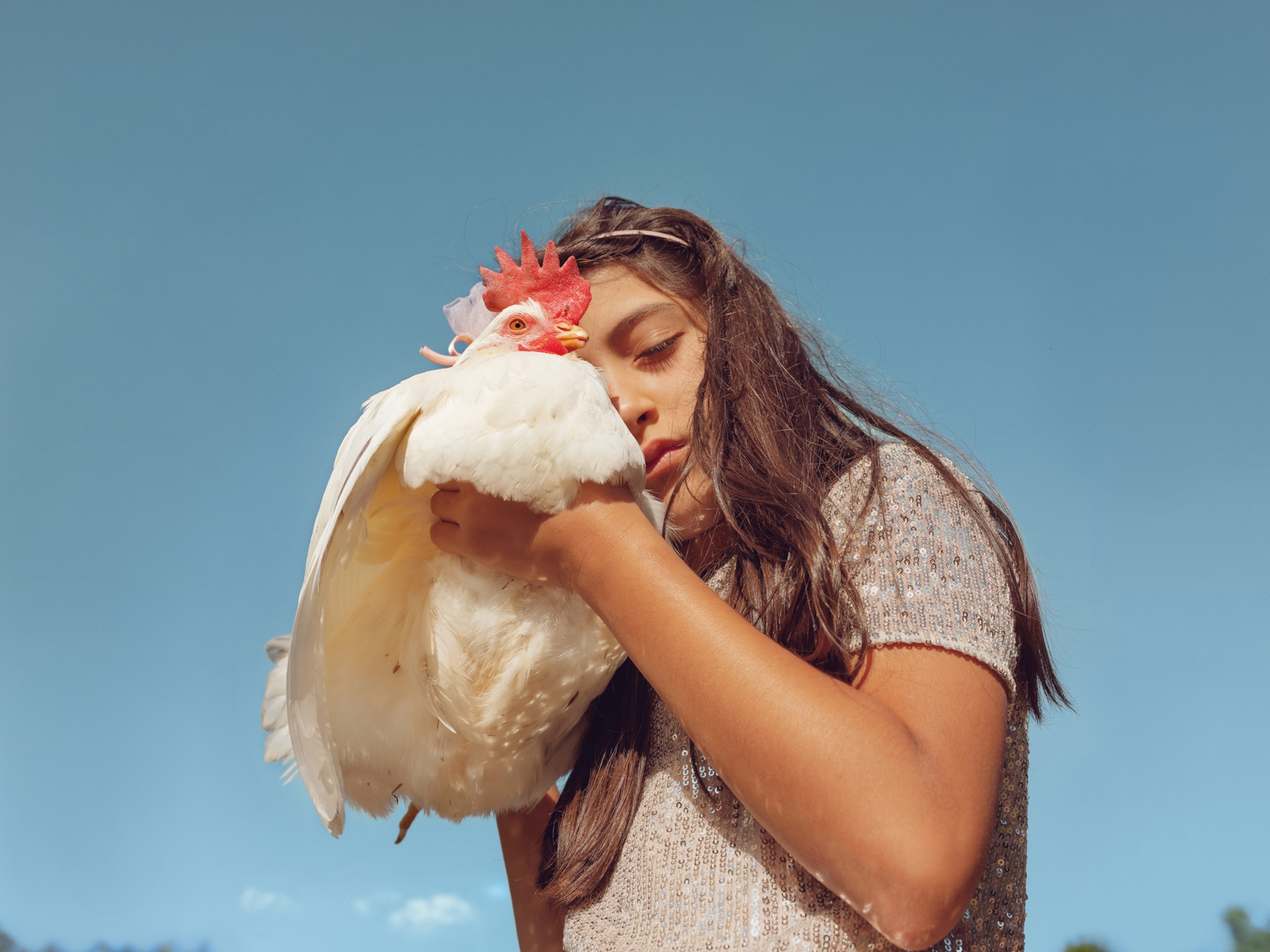 A young girl holding a white chicken in her arms with the blue sky in the background.
