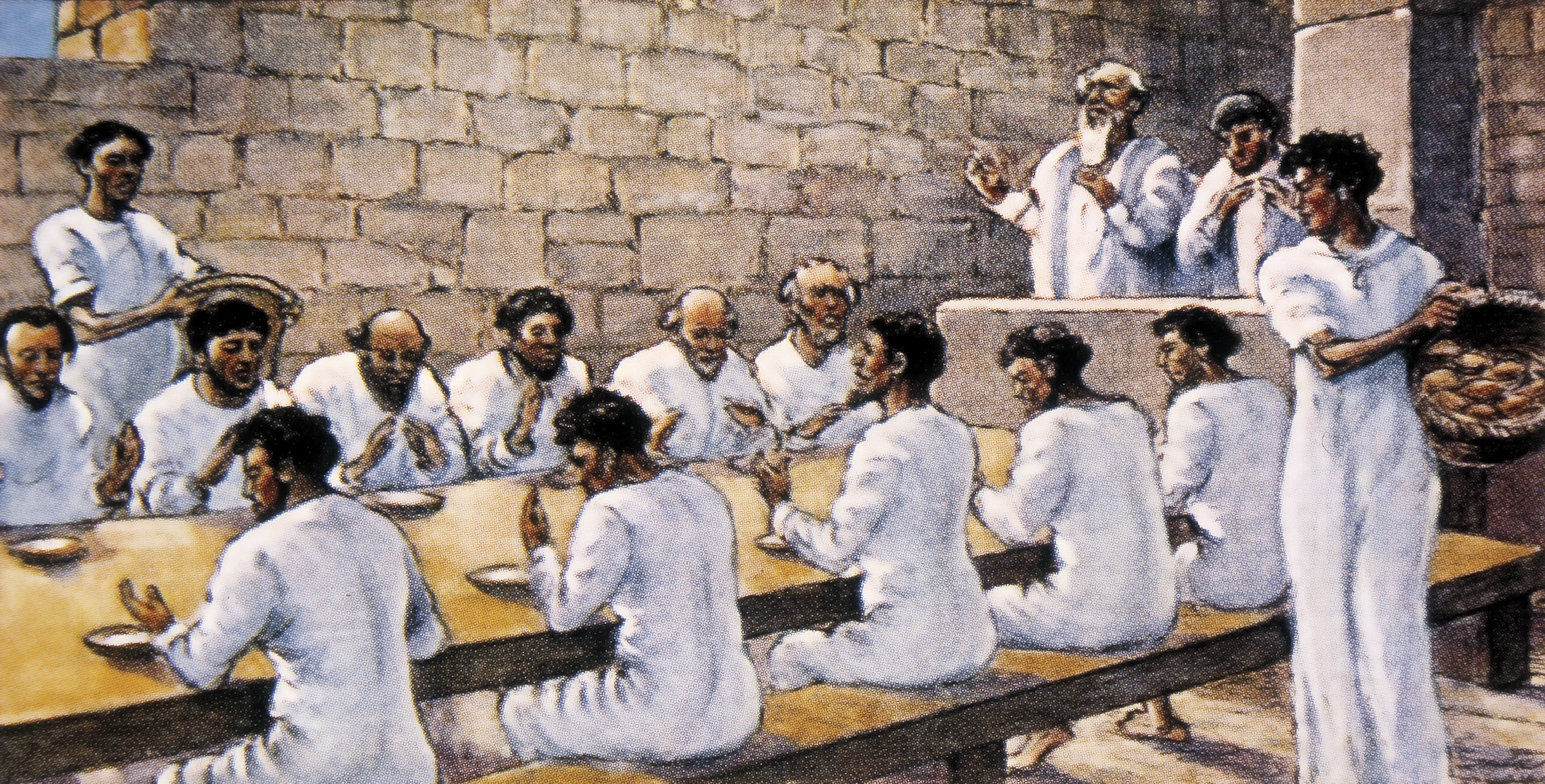 One of the rooms excavated at Qumran could have been used as a refectory (or dining hall), as this modern illustration suggests.