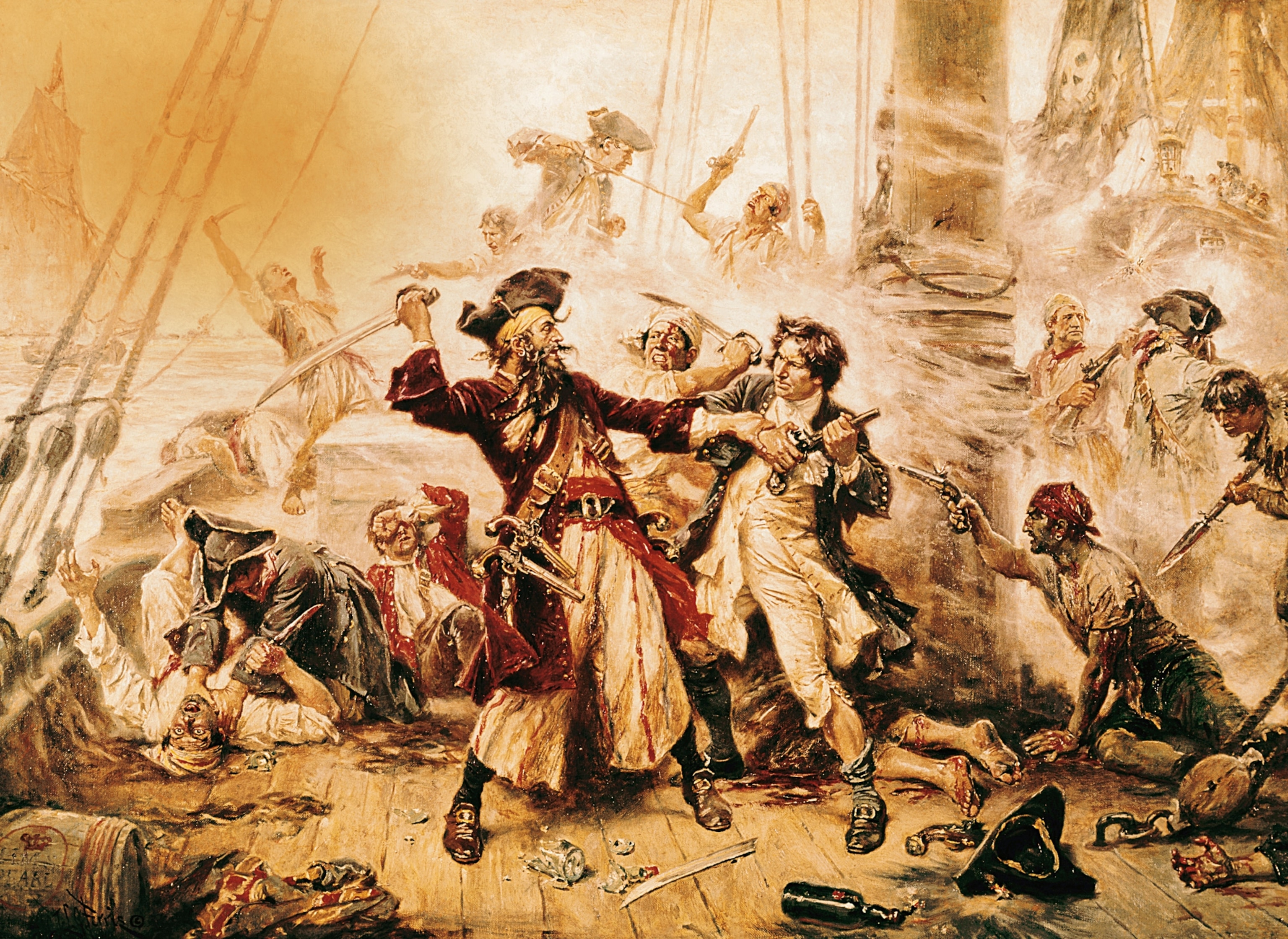 a 1718 oil painting depicting Blackbeard before his death