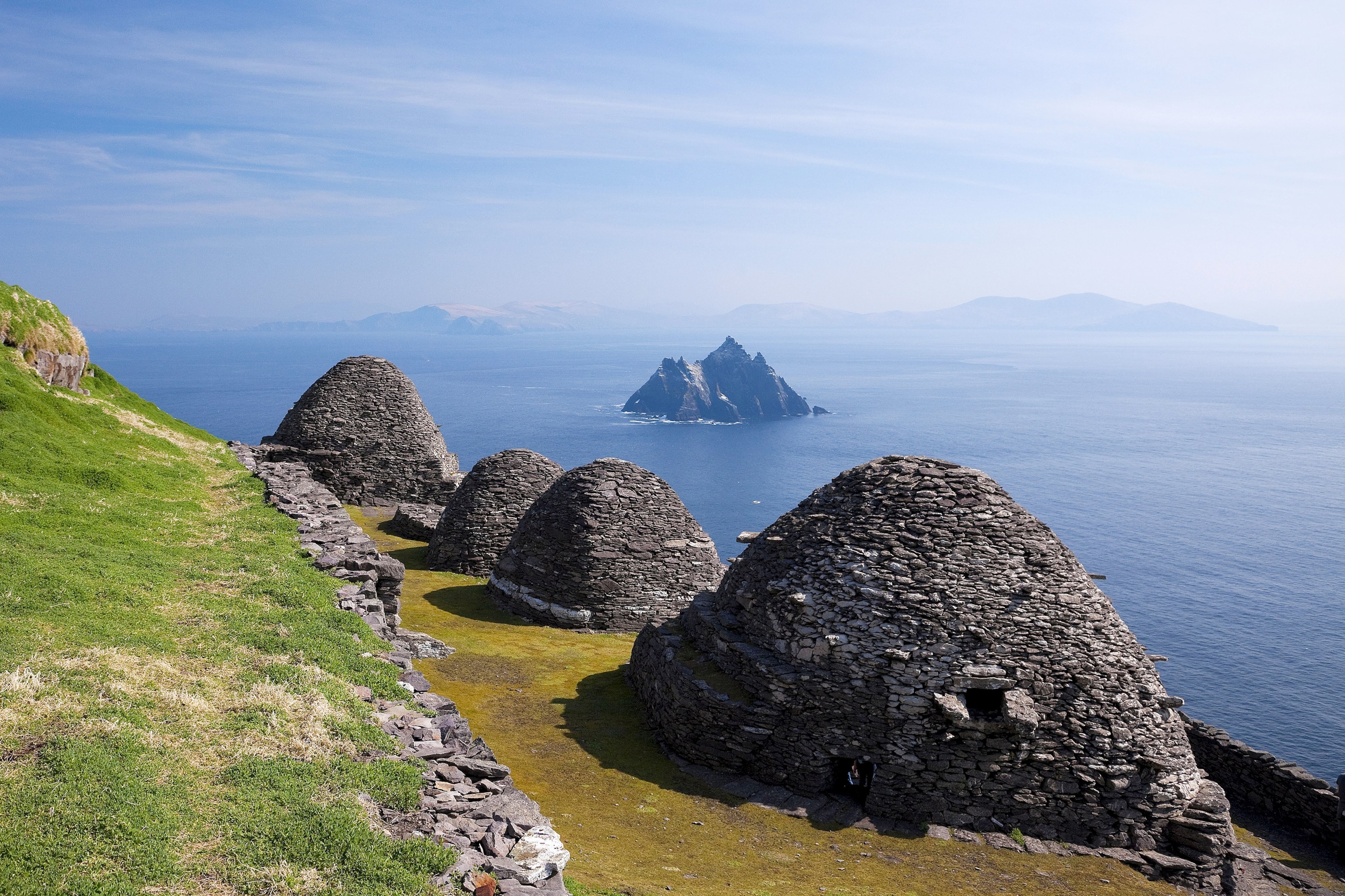 beehive stone huts on Skellig Michael off the coast of Ireland