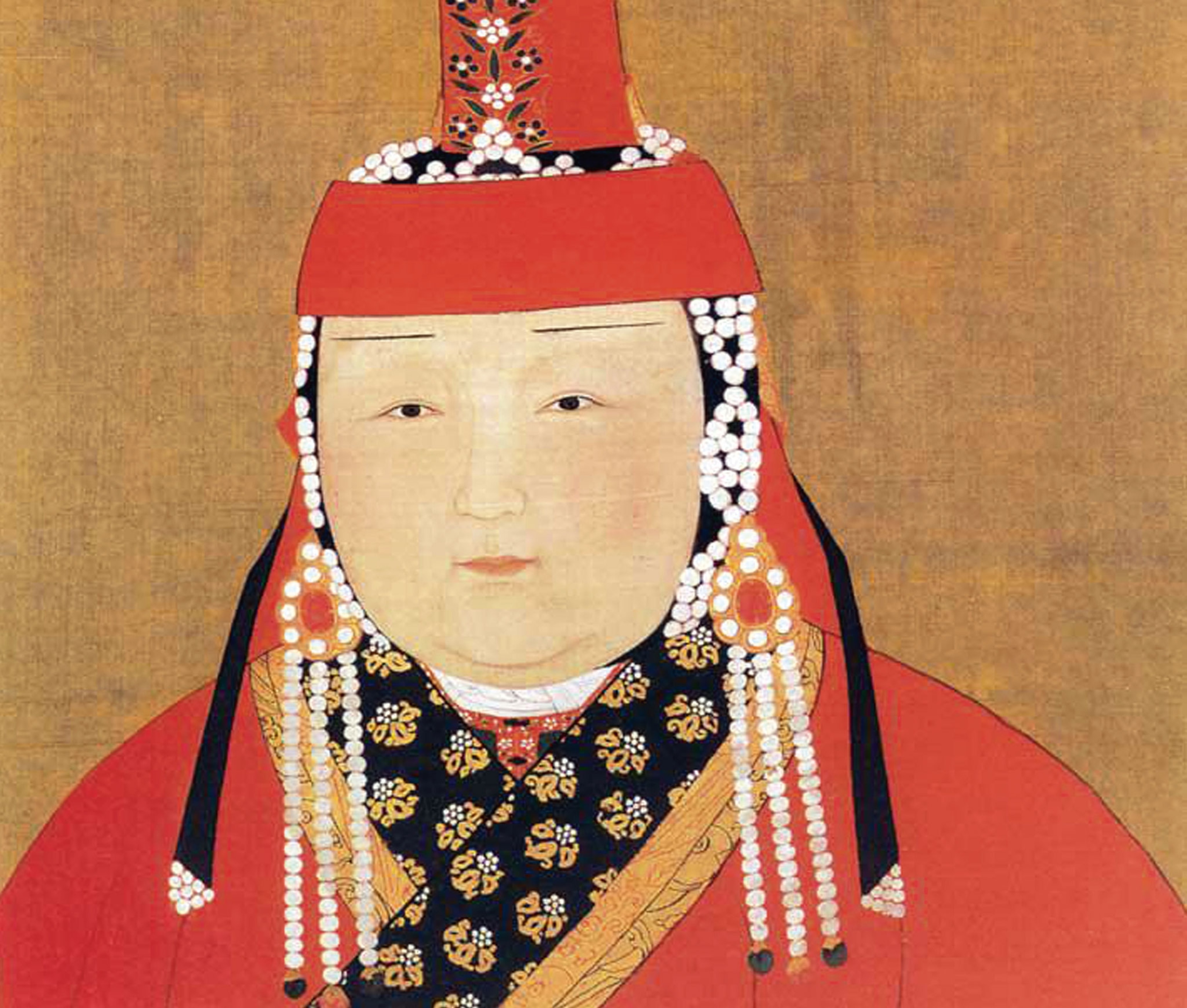 a painting of a person wearing a tall red hat and beaded jewelry