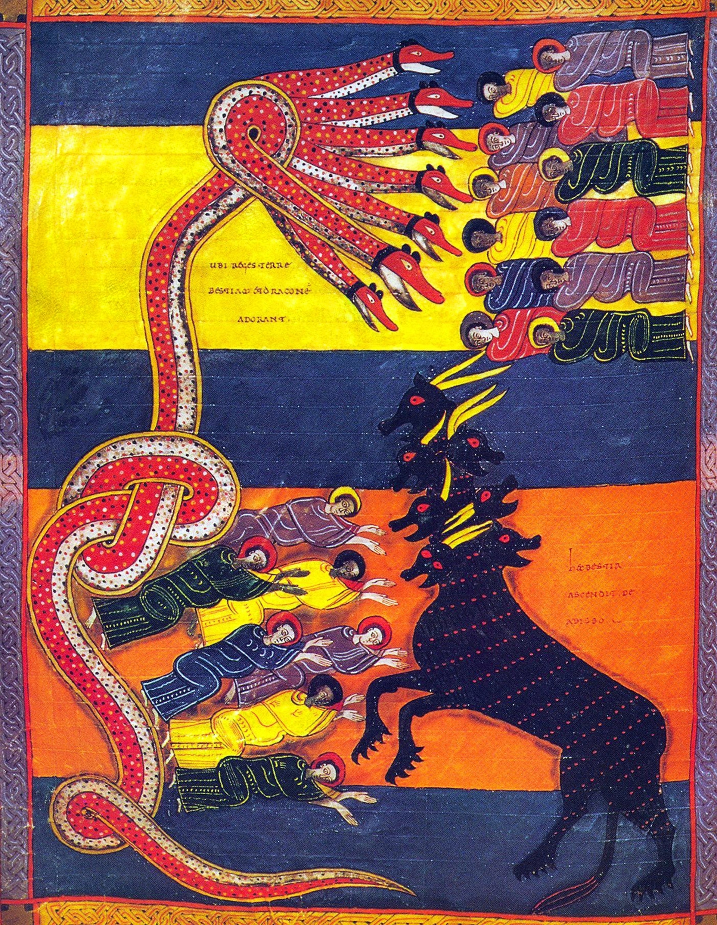 An illuminated manuscript depicting a Dragon and Beast from the Beatus of Leon version of the Apocalypse.