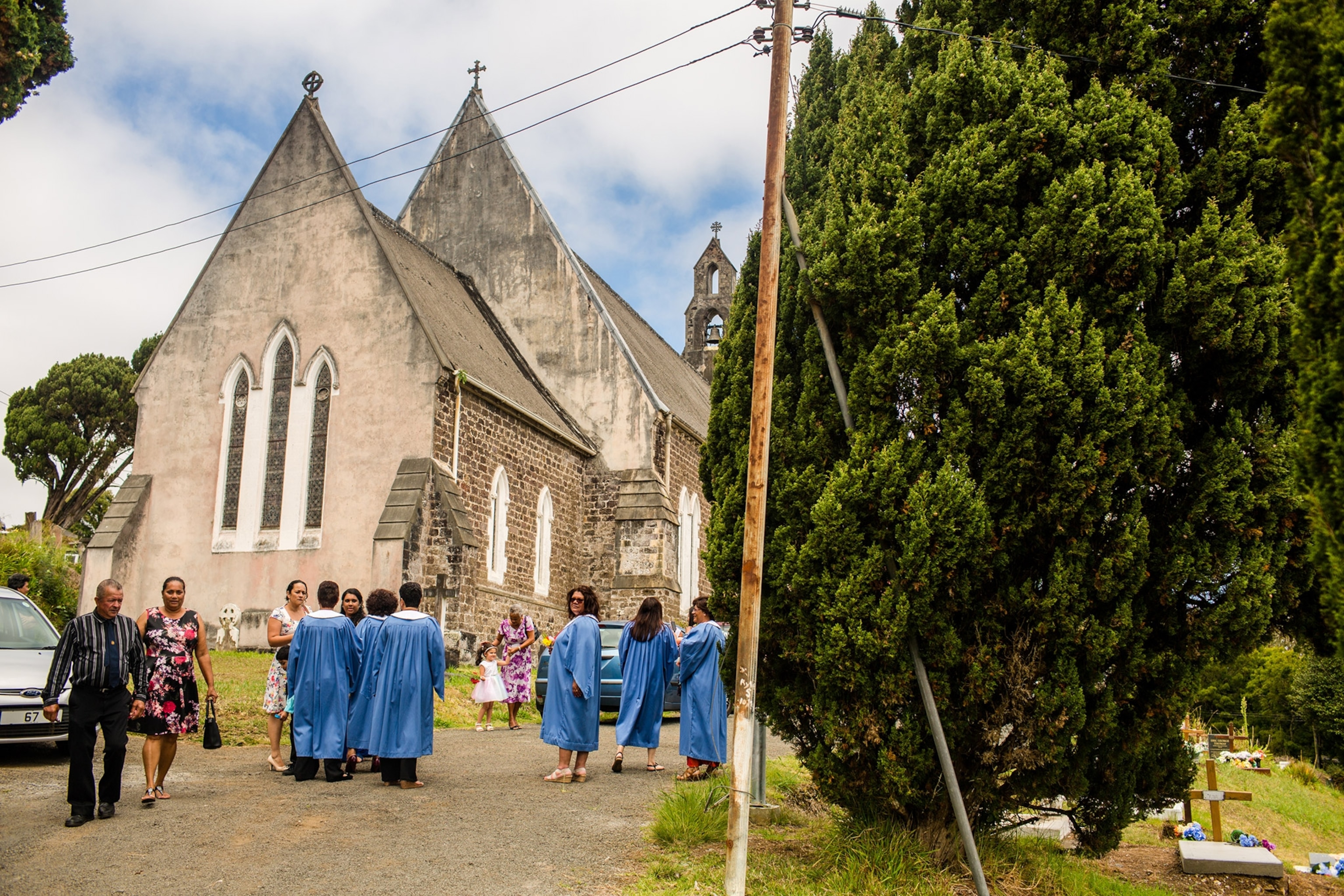Picture members of the local congregation and the choir outside church on the island of St. Helena