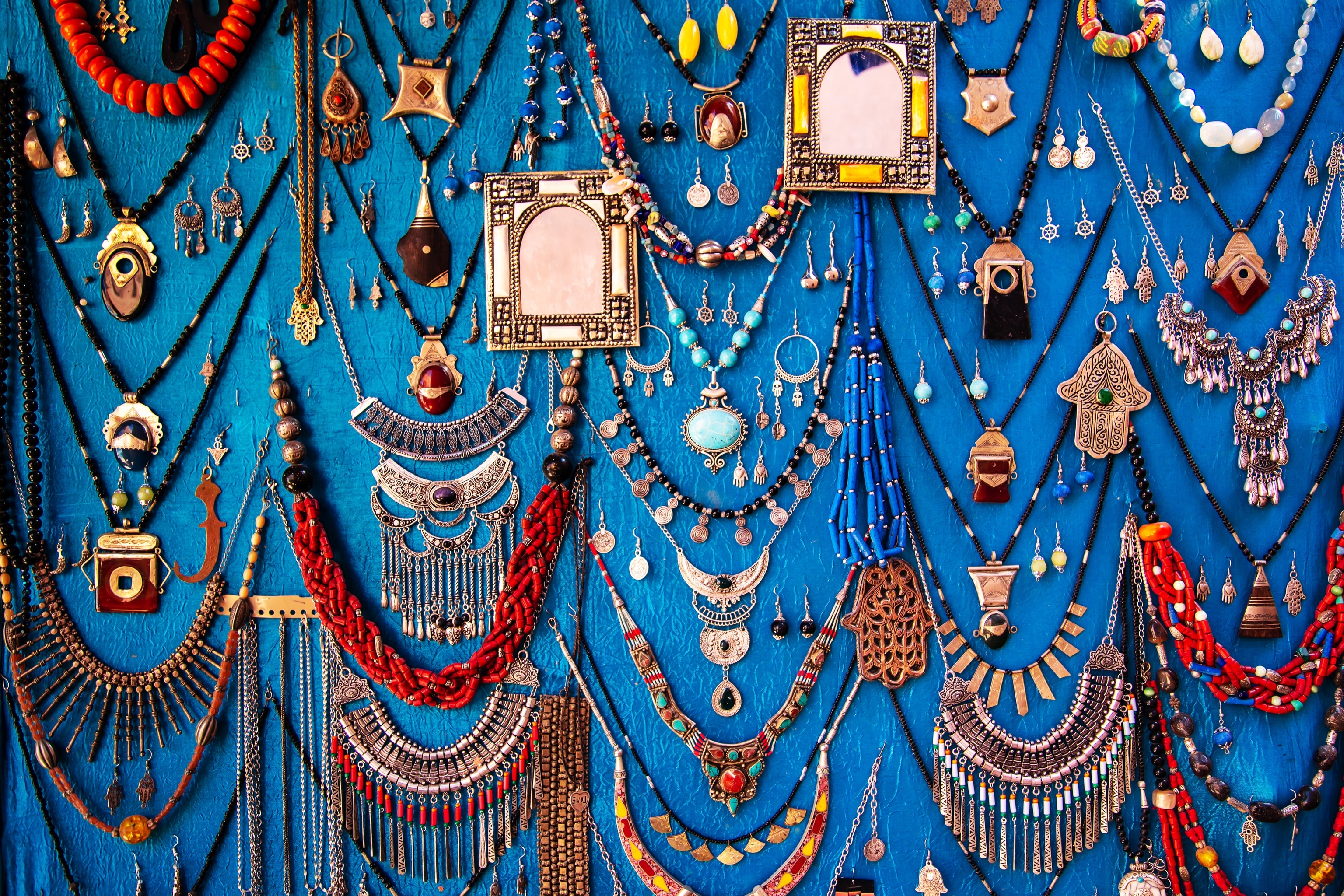 Handmade colored jewelry at a market in the medina of Marrakesh, Morocco.