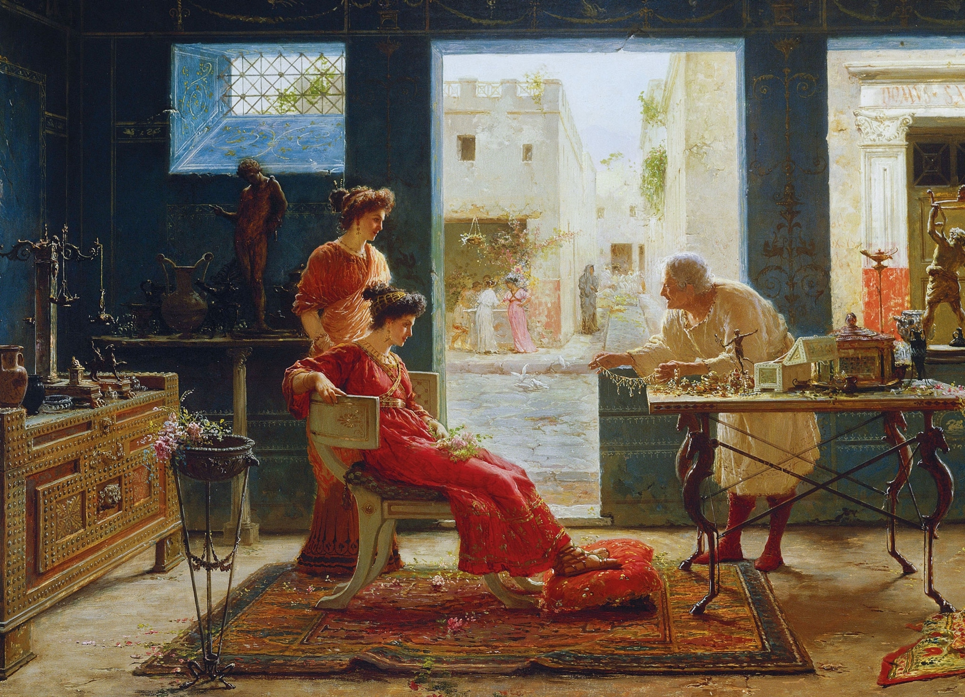two women perusing the wares in a jeweler’s shop in Pompeii in a 19th-century painting