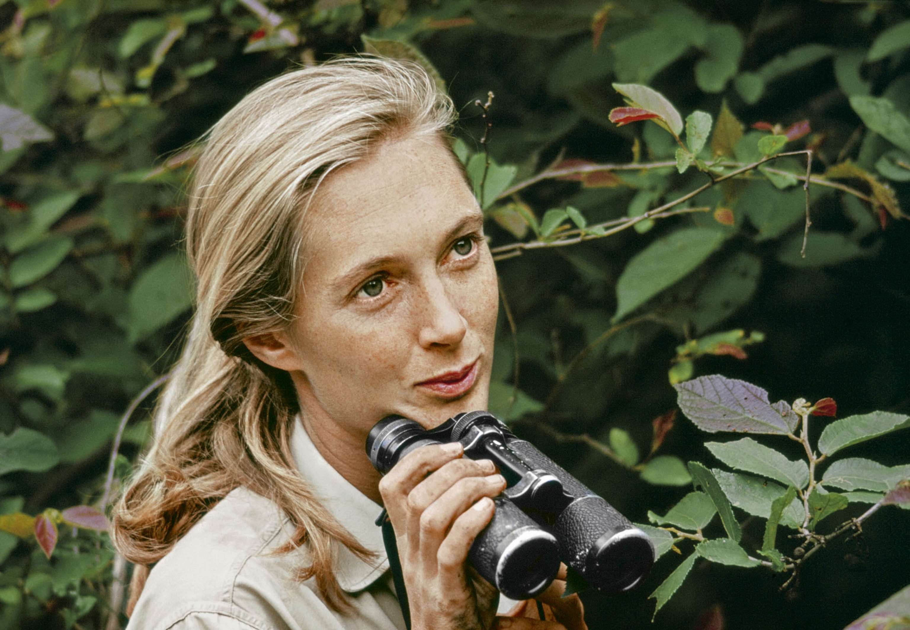 a blonde woman holding binoculars close to her face in from of trees