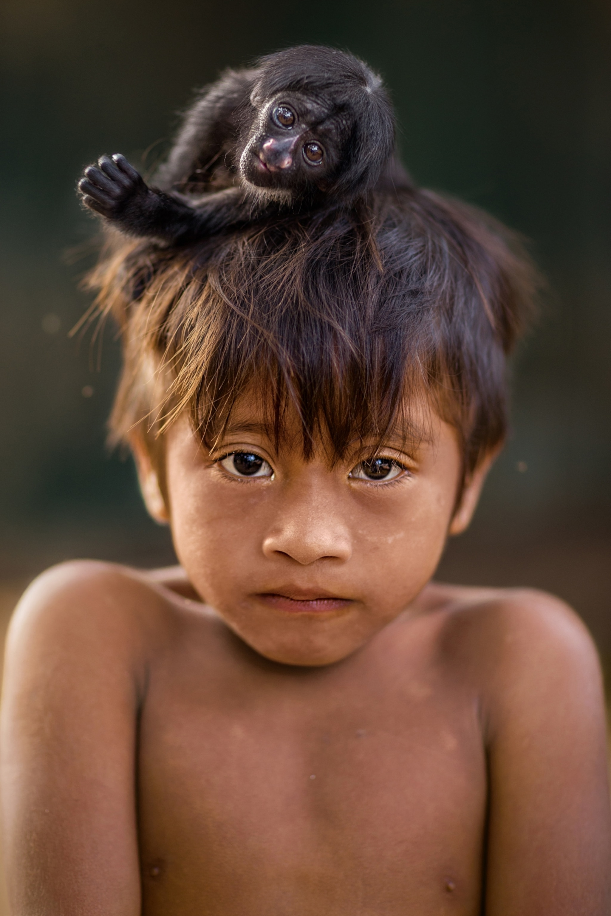 a young boy with a young black monkey on his head