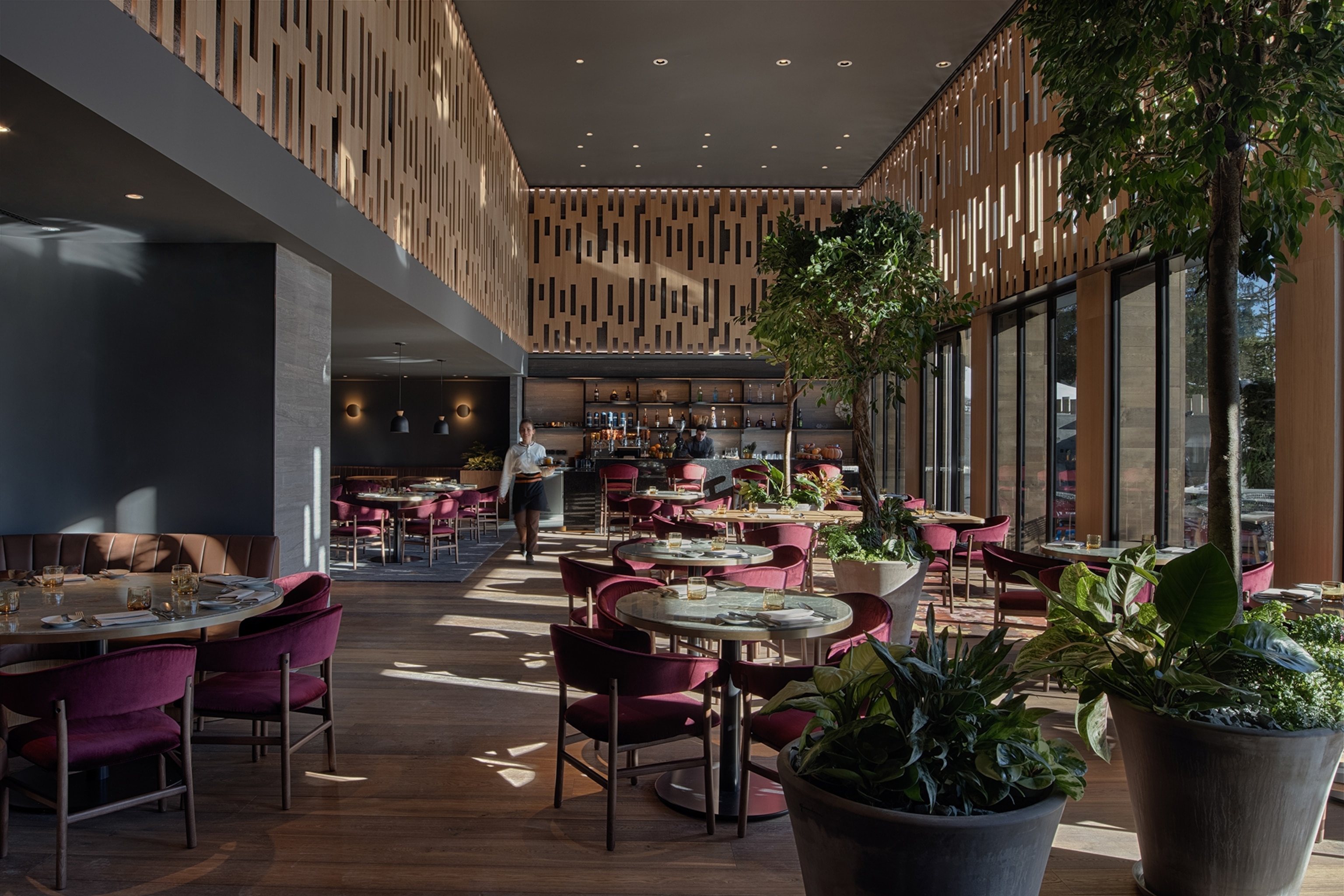 A dining room in a luxury restaurant. The chairs are a dark purple, and the walls have a wooden finishing