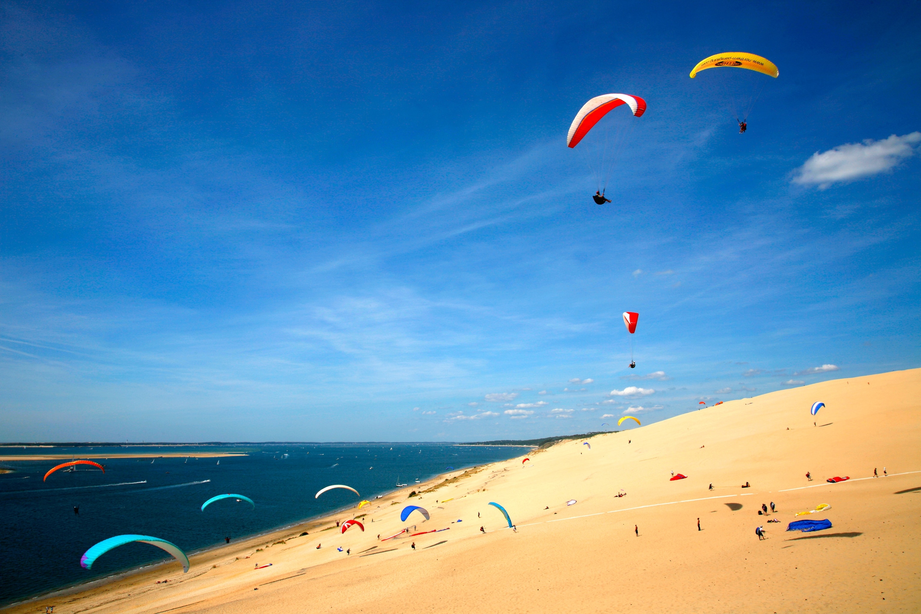 paragliders on Dune of the Pilat above Corniche Beach in La Teste De Buch, France