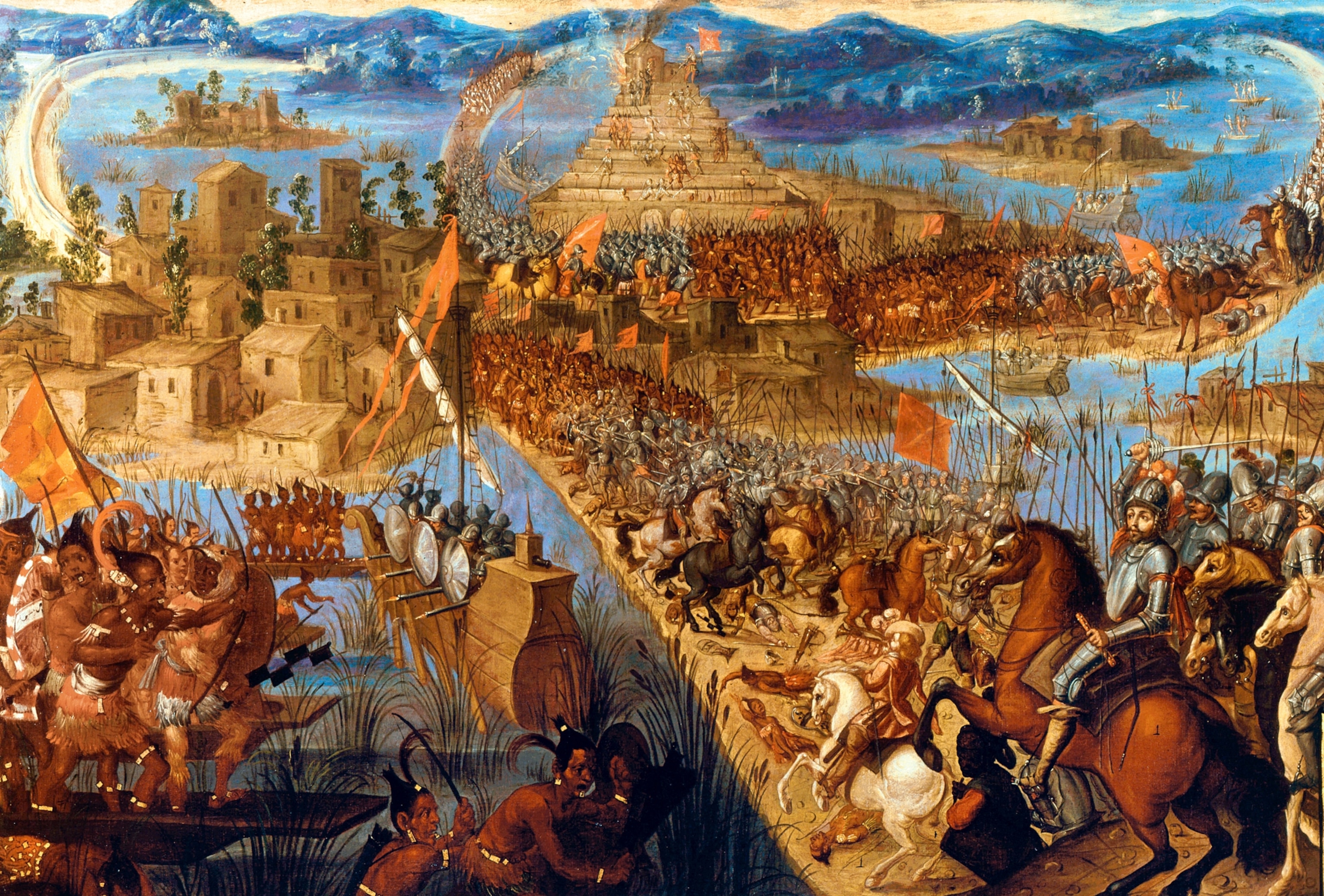 a painting showing Hernán Cortés at the gates of the capital of the Aztec Empire
