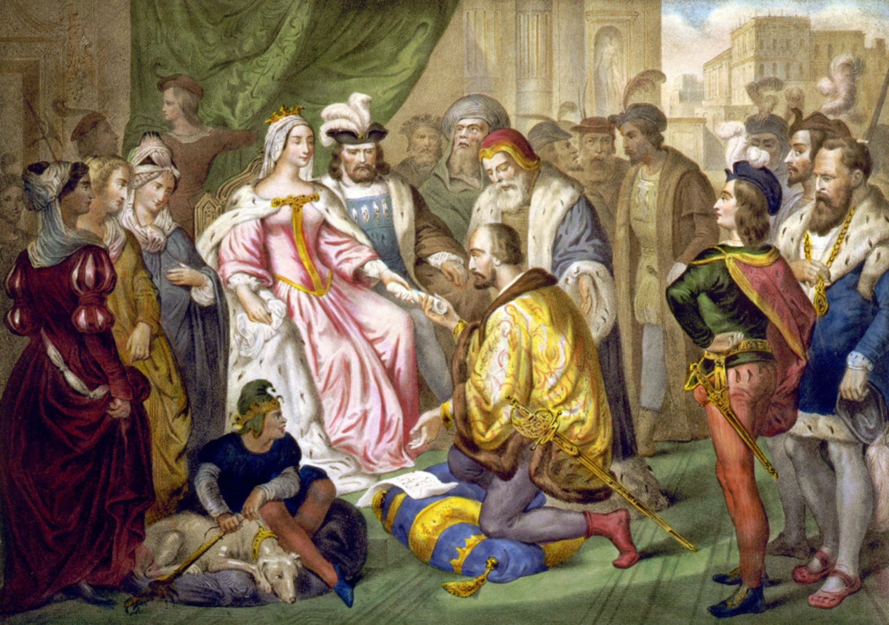 A man bends as a woman's hand is outstretched and people look on.