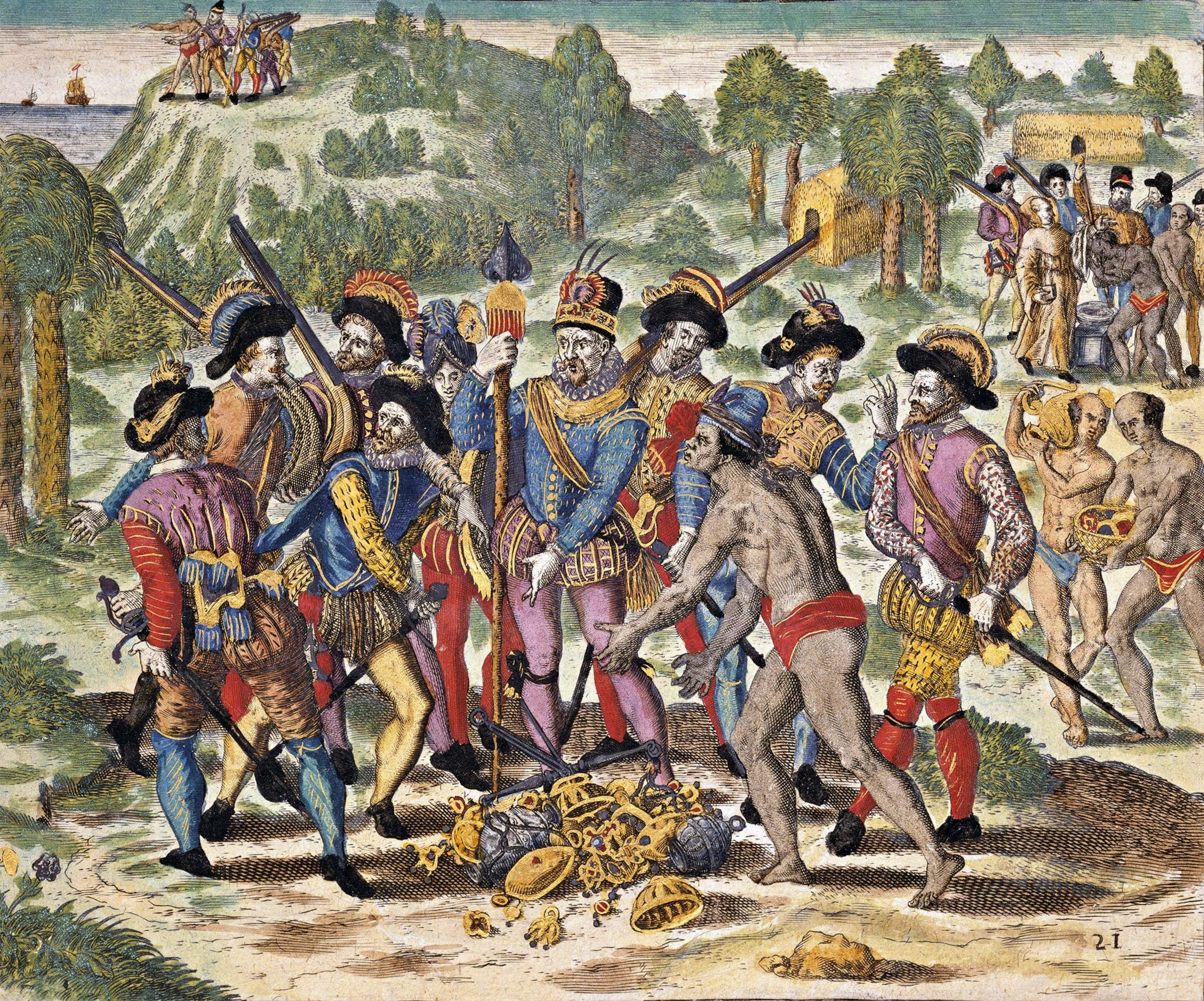 Panquiaco, a chieftain (cacique) from Panama, hands over gold pieces to Vasco Núñez de Balboa in this engraving by Theodor de Bry from the 1594 History of the New World by Girolamo Benzoni.
