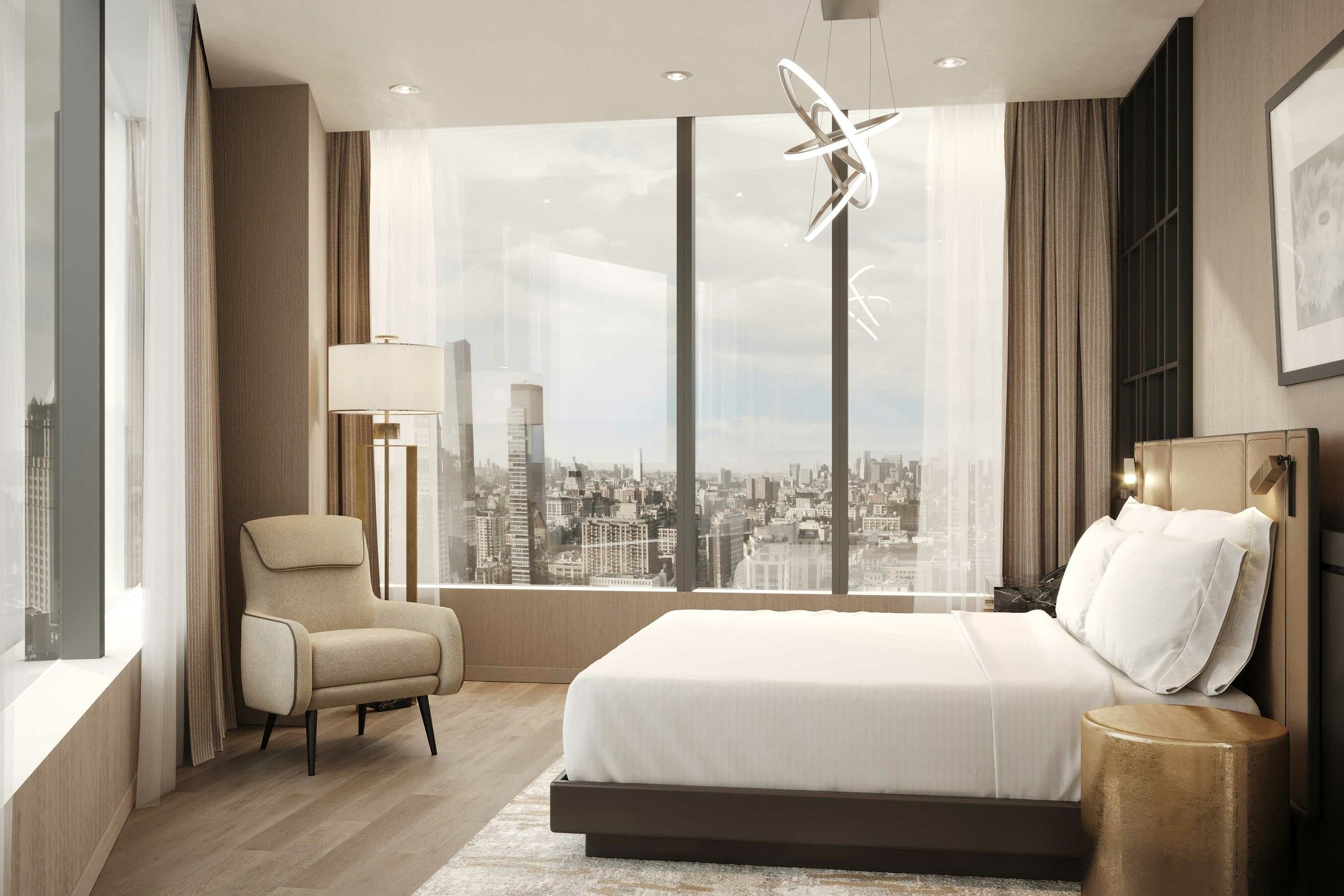 Hotel room at the Ritz-Carlton New York, Nomad, with a view of the New York skyline.
