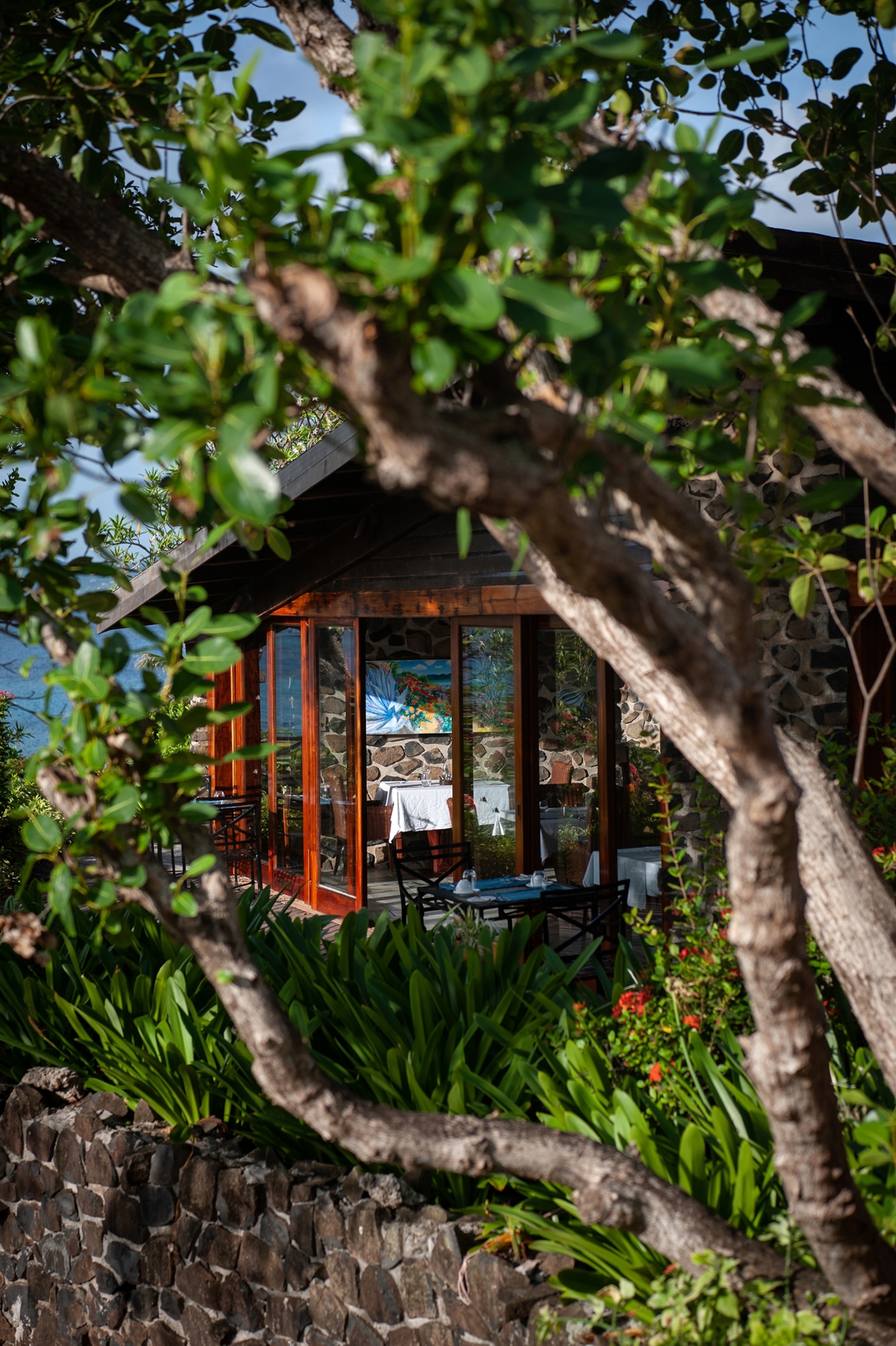 The exterior of a restaurant with tall glass walls and doors seen through the framing of a tree. Inside the restaurant, the walls are stone and a vibrant painting of flora by the oceanside sits above a dining table.