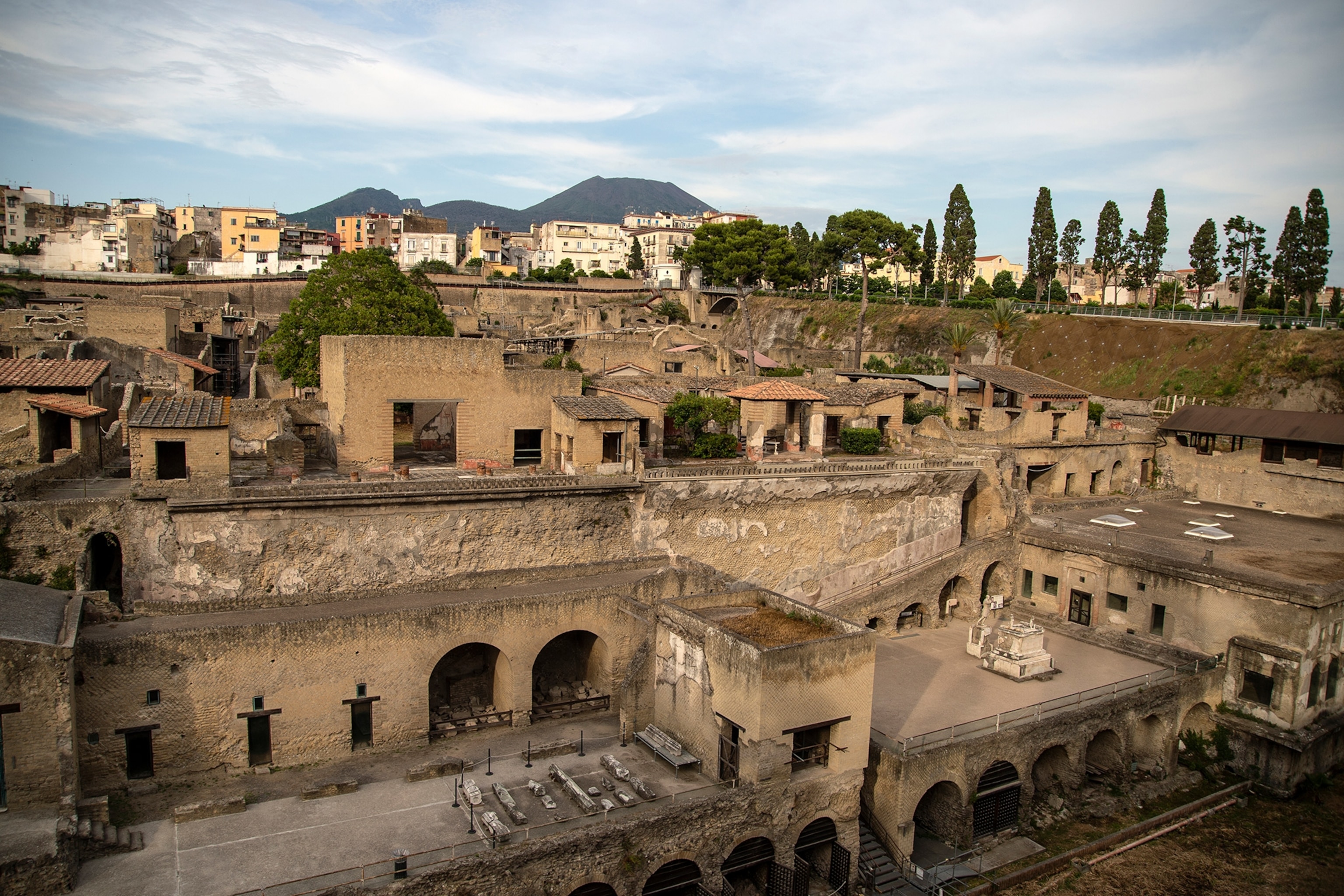 General view of the ancient Roman city of Herculaneum destroyed in 79 AD by the eruption of Vesuvius.