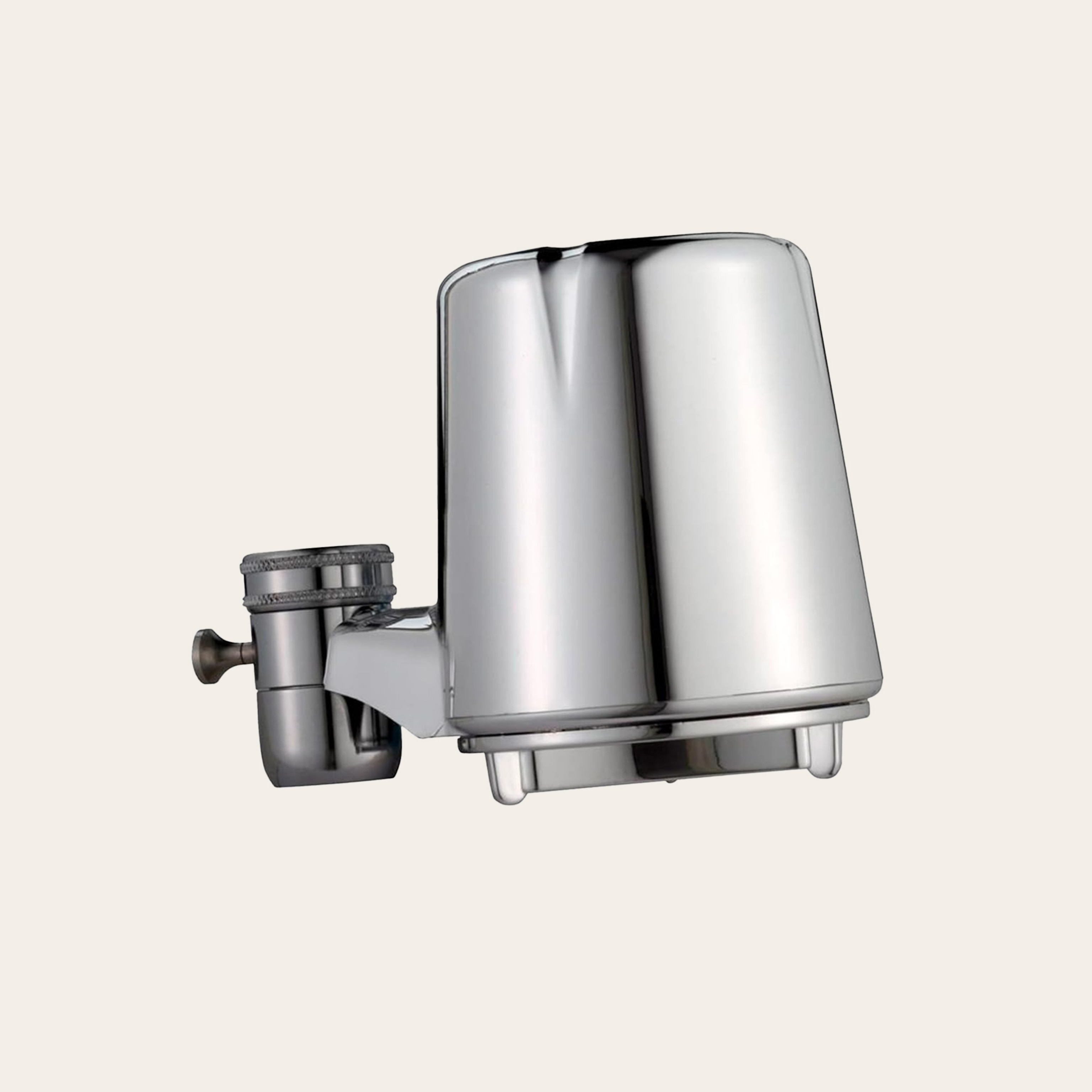 A metal water filter designed to attach to a faucet, against a tan background