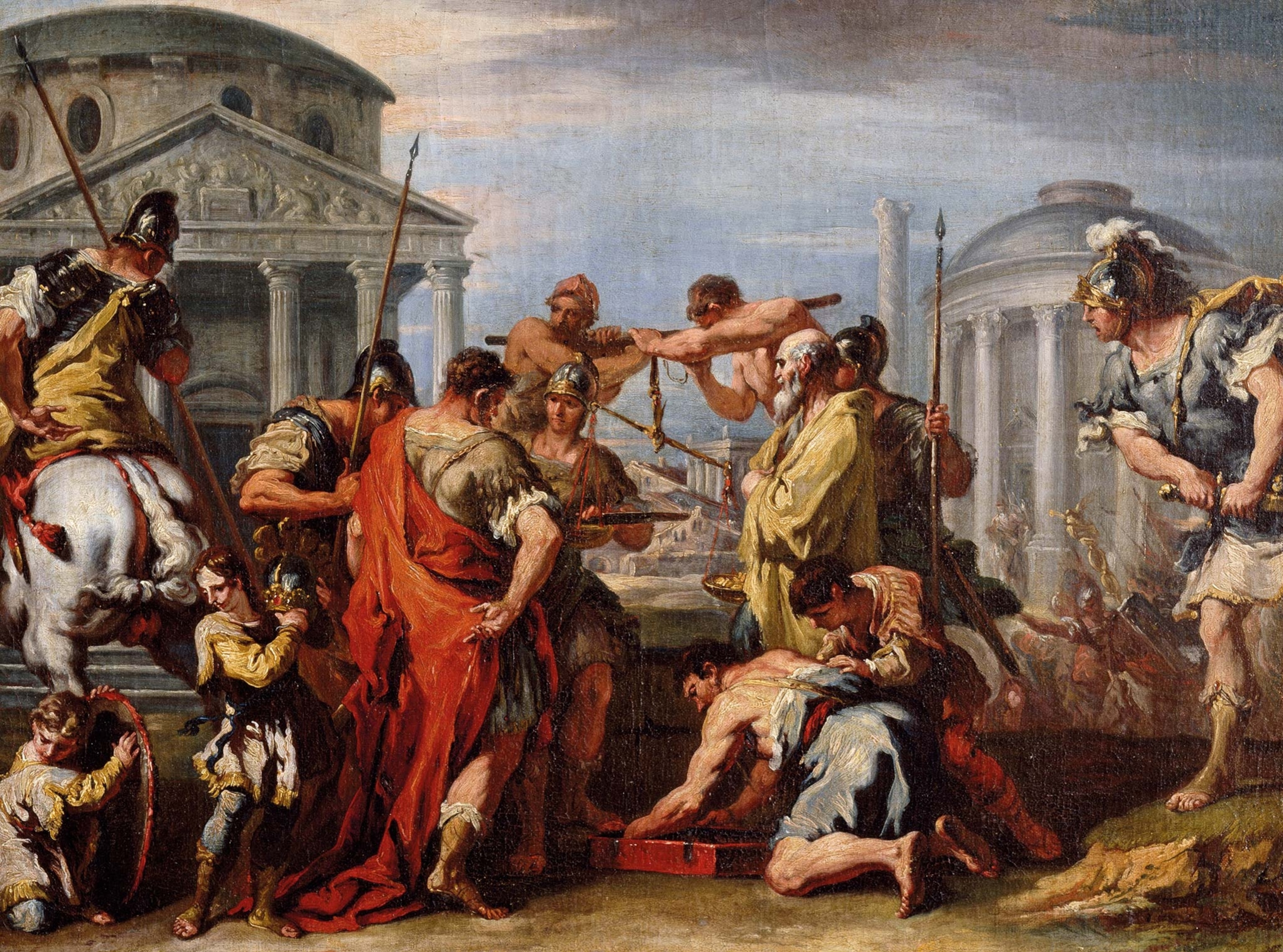 The Gauls use a scale to weigh the treasures that the Romans have given them as payment for their retreat in an 18th century oil painting by Sebastiano Ricci. Brennus adds weight by placing his sword on the balance so that it weighs more.