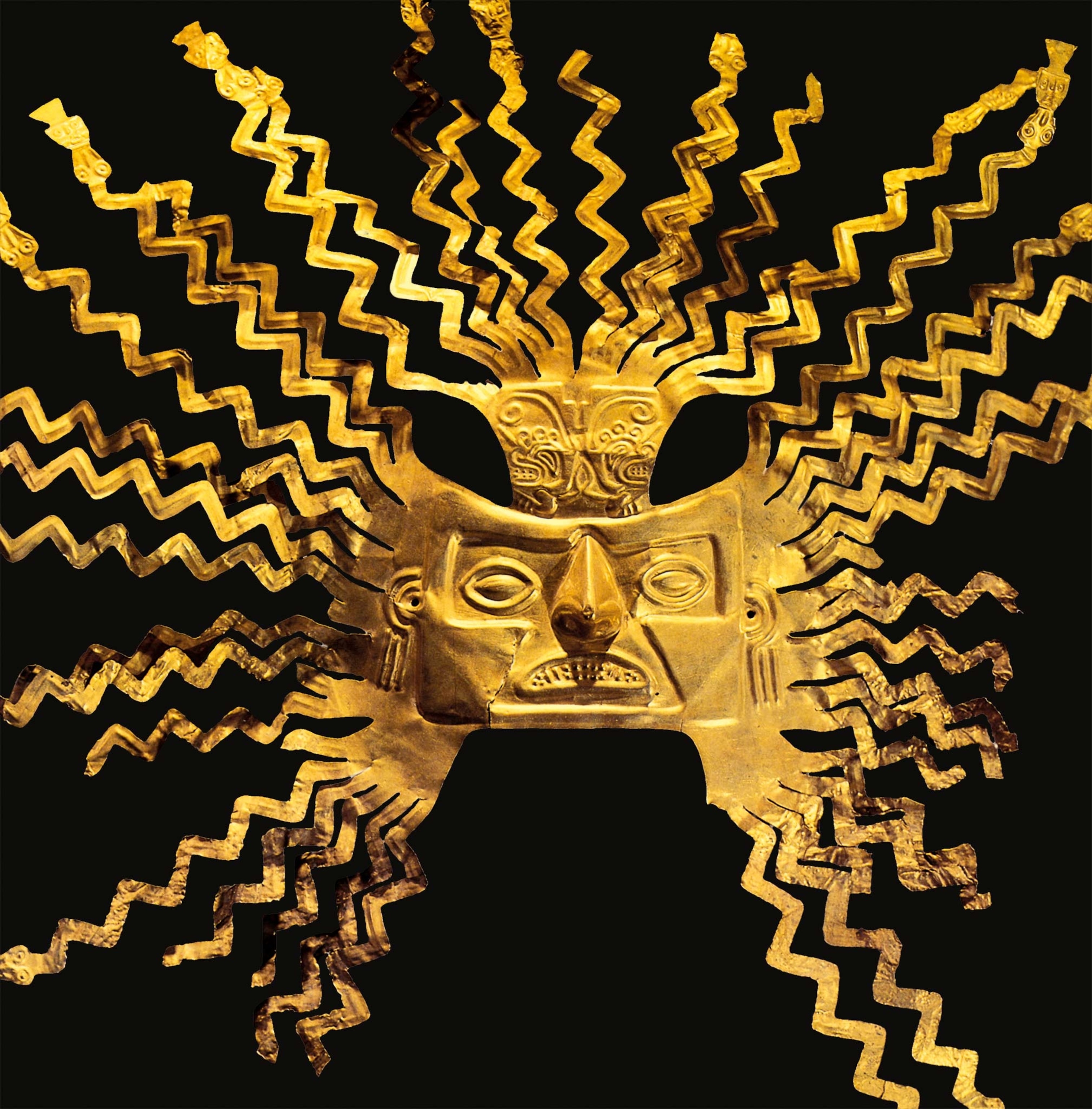 A golden sun mask depicting Inca sun god, Inti