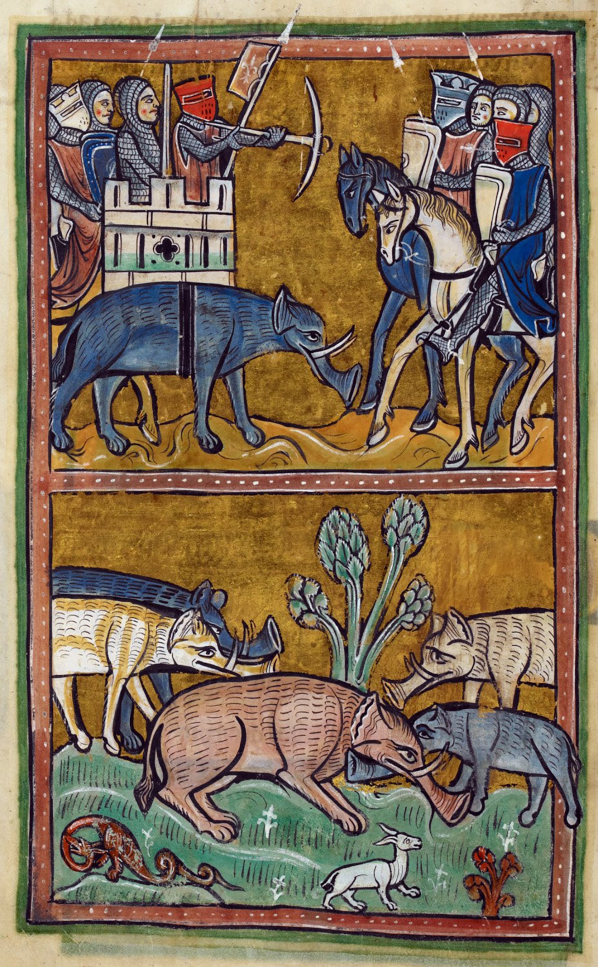 Two illustrations of elephants one in a group and another surrounded by soldiers.