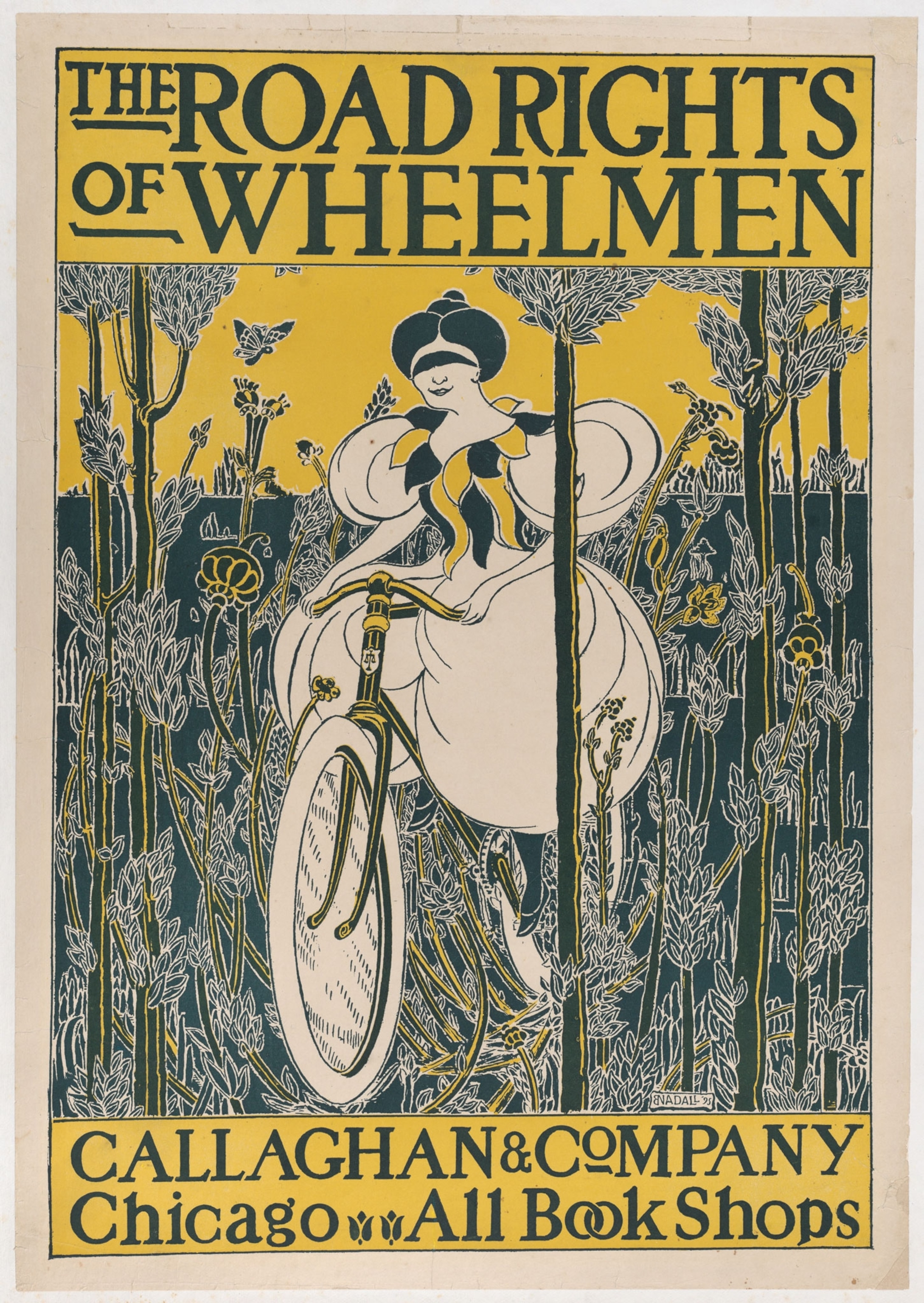 A drawing of a woman riding a bike through a field