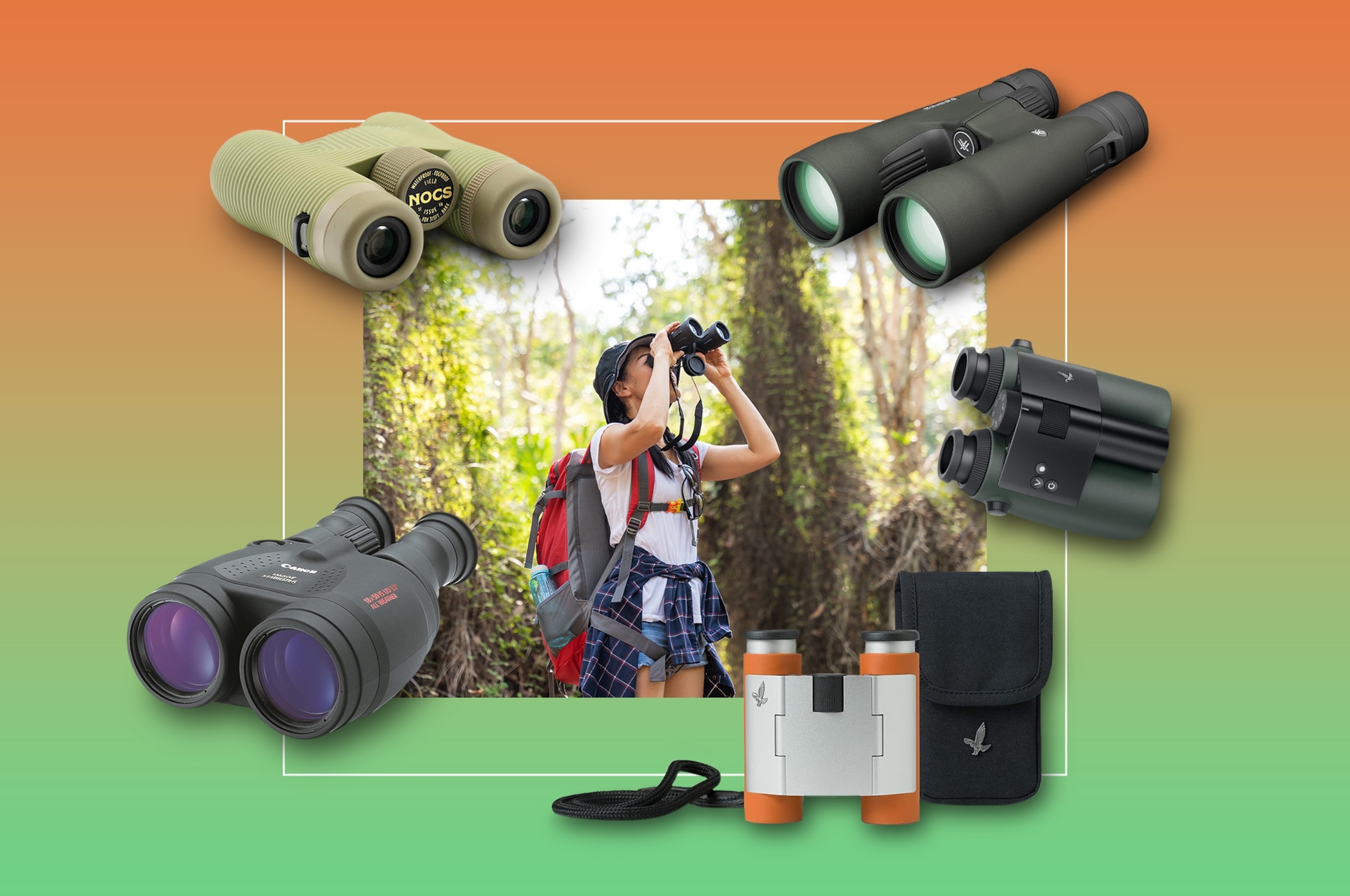 A women looking through binoculars in a forest.