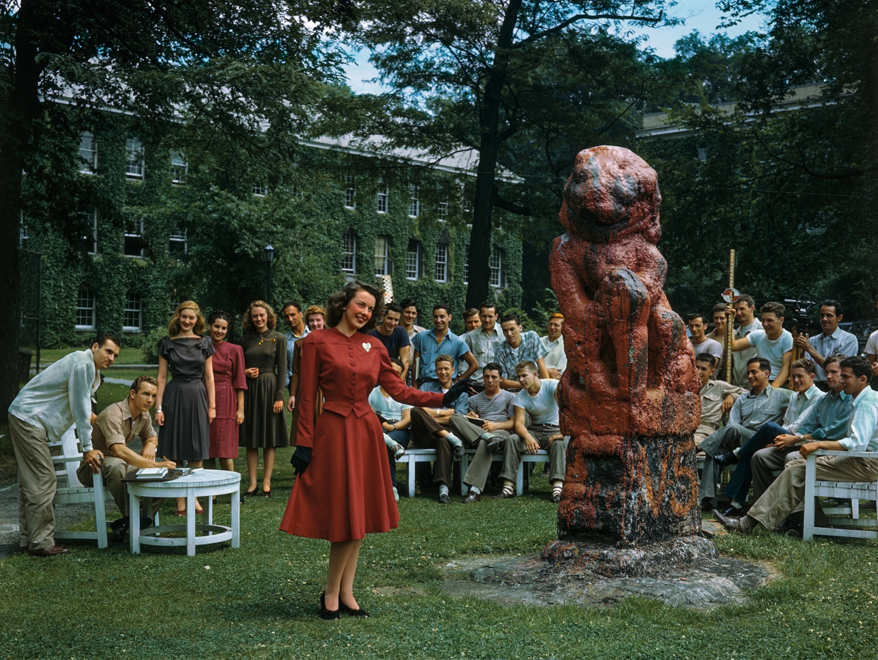 young woman in red dress.