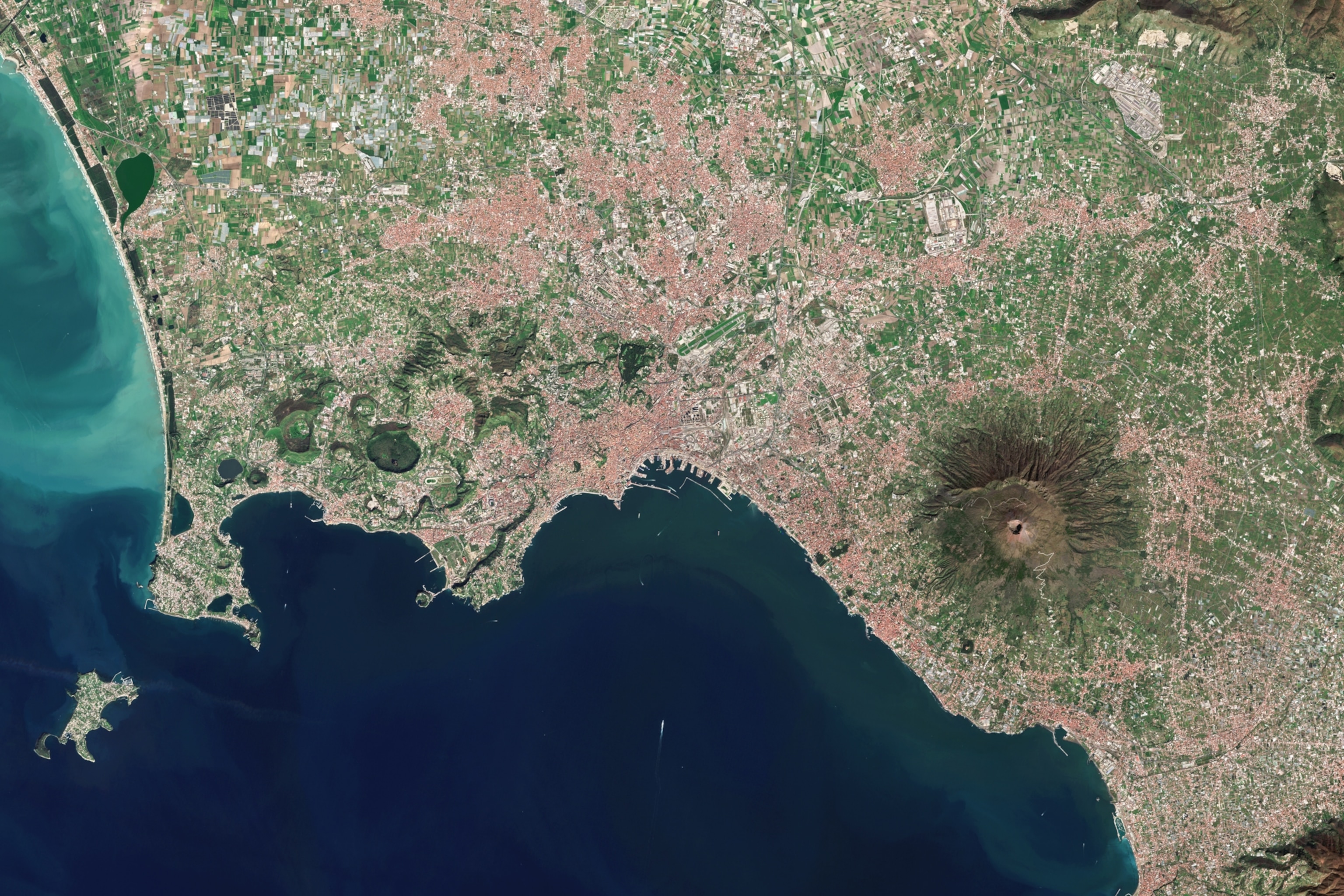 Satellite view of Campi Flegrei, the city of Naples, and Mount Vesuvius in the Bay of Naples, Italy