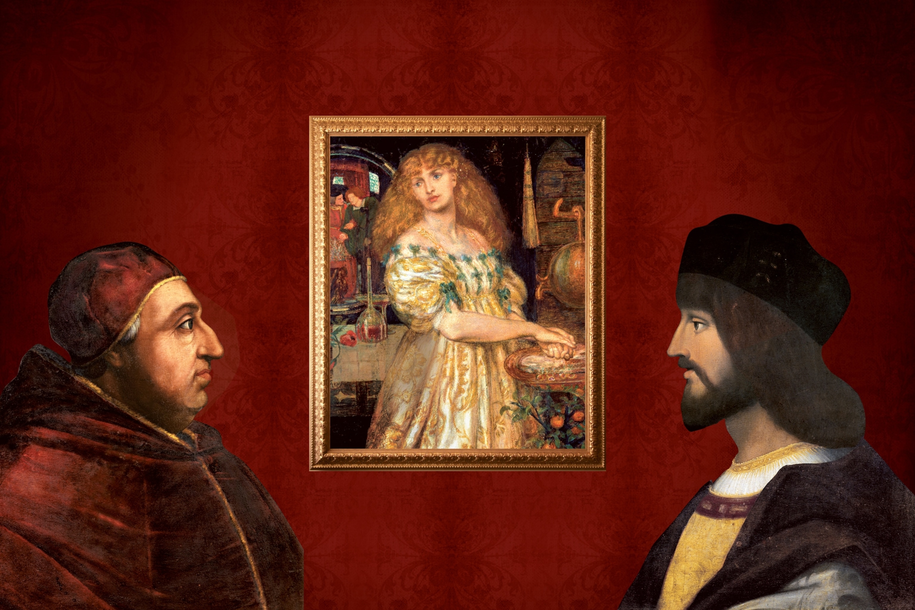 Pope Alexander VI (left), Lucrezia Borgia (center), and Cesare Borgia (right)